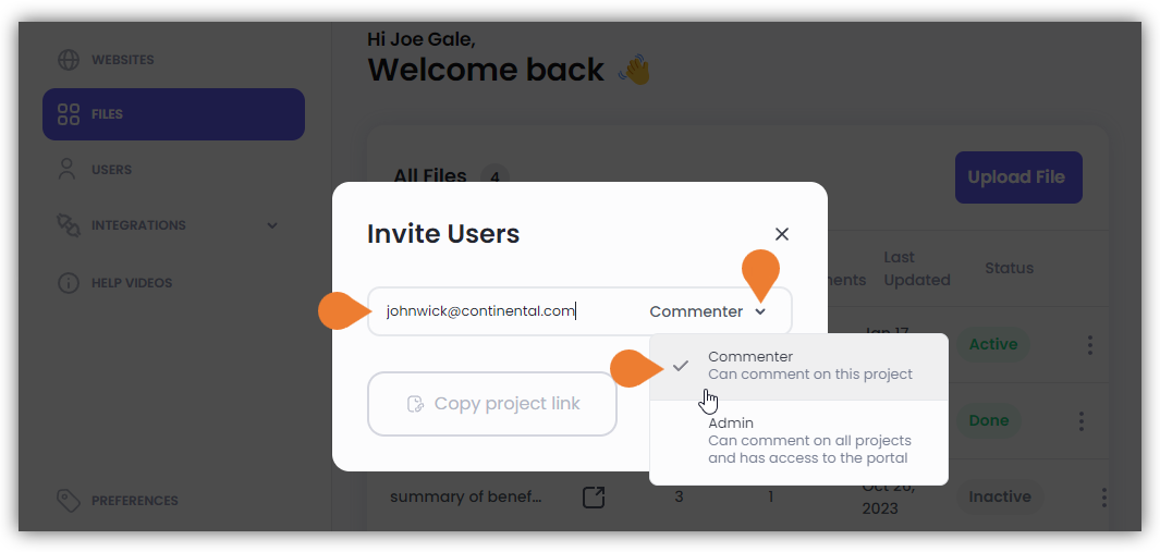 The Invite Users dialog box will appear