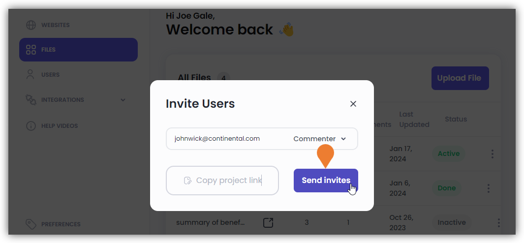 After entering and defining the required credentials, click the Send invites button