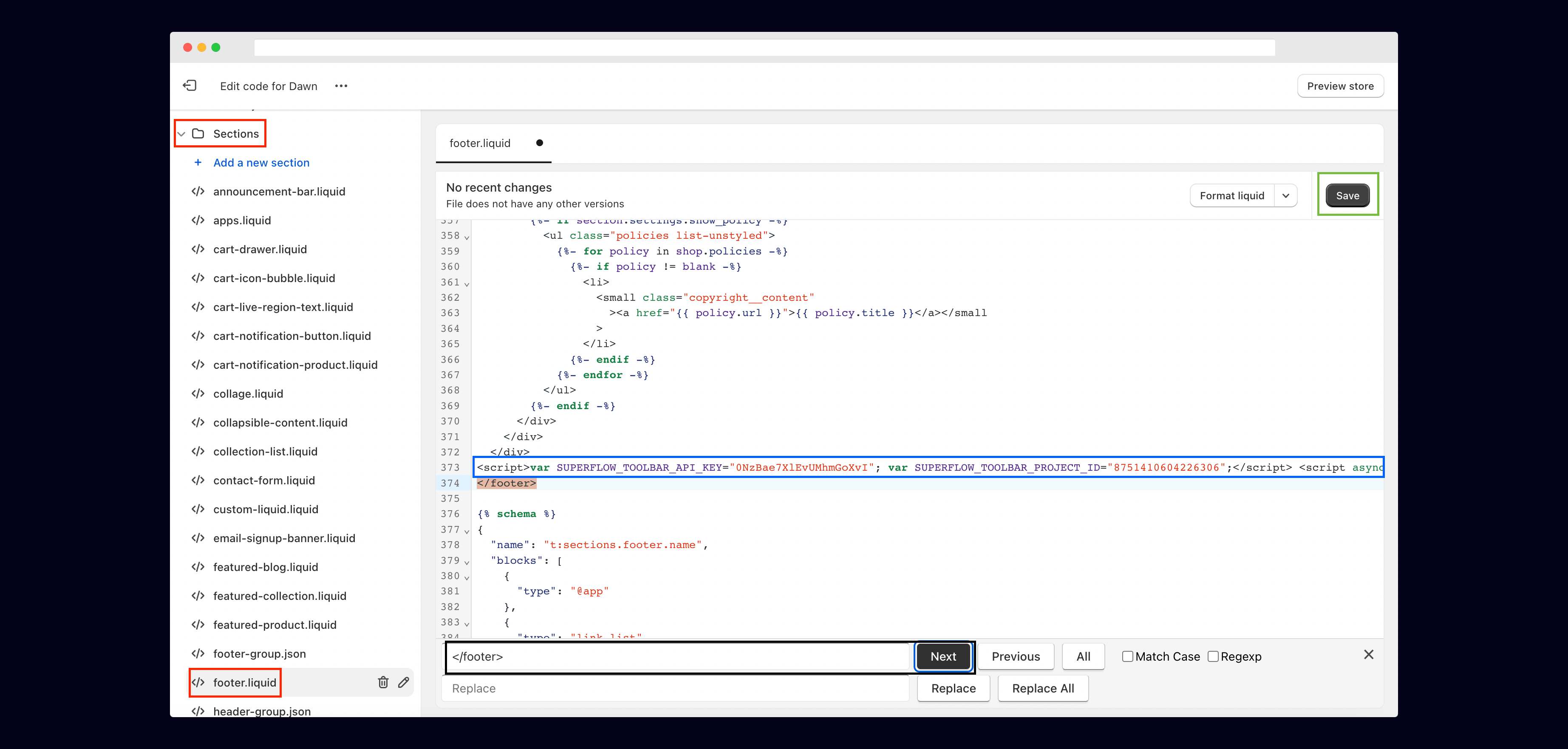 Shopify: Add your unique Superflow code in the Footer section