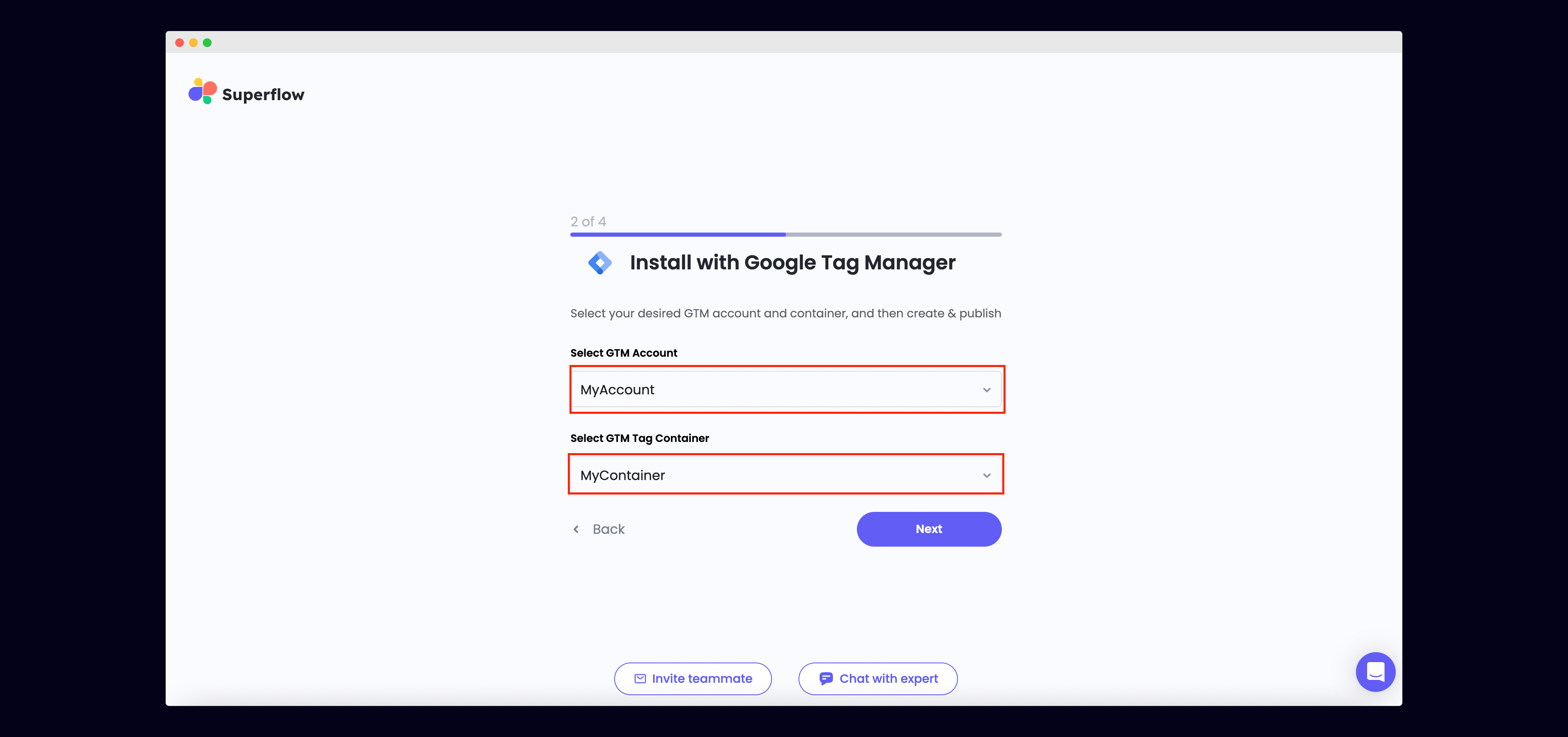 Google Tag Manager: Choose the Account and Tag Container from your Google Tag Manager account