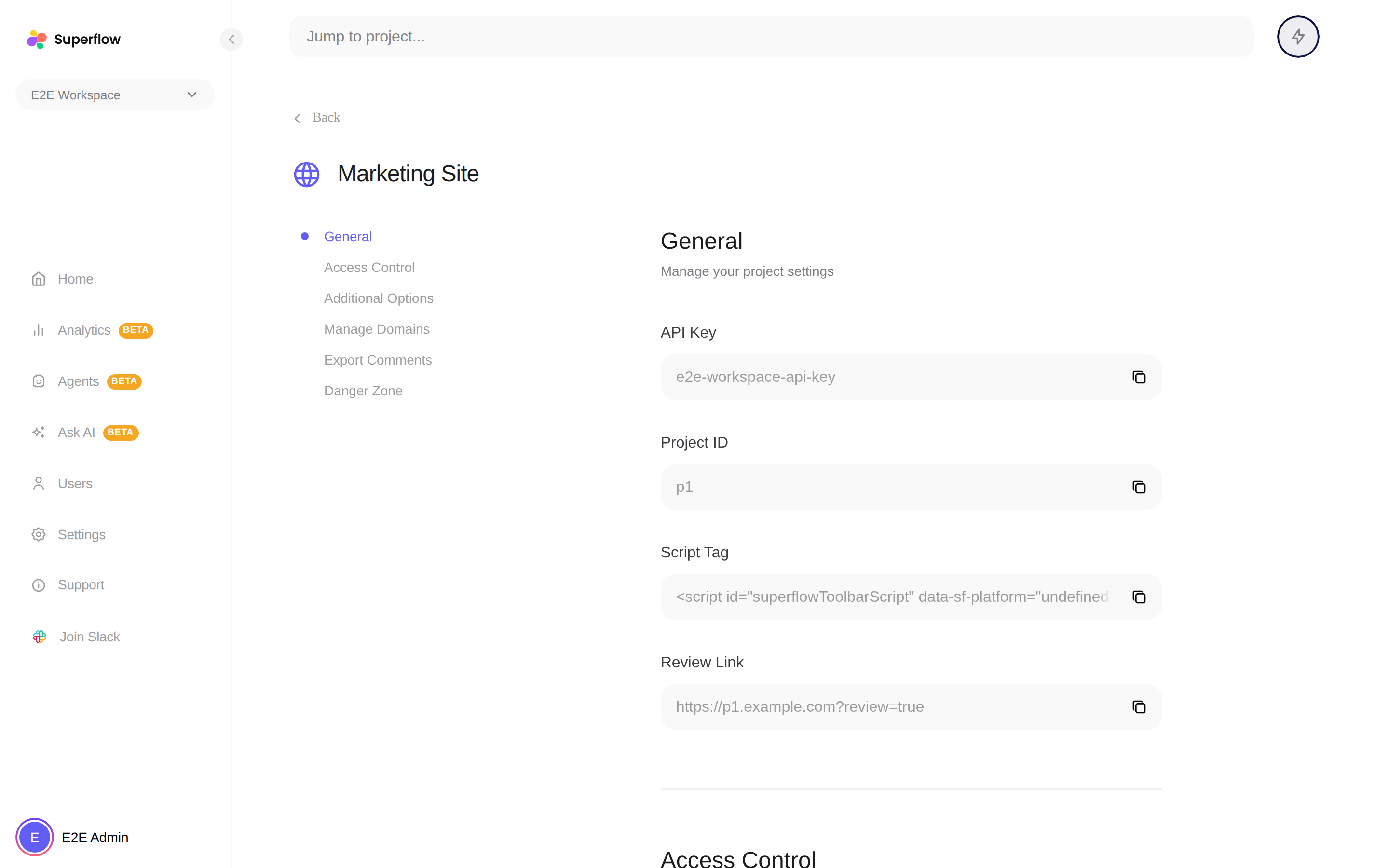 Project settings with the Export Comments section in the left navigation