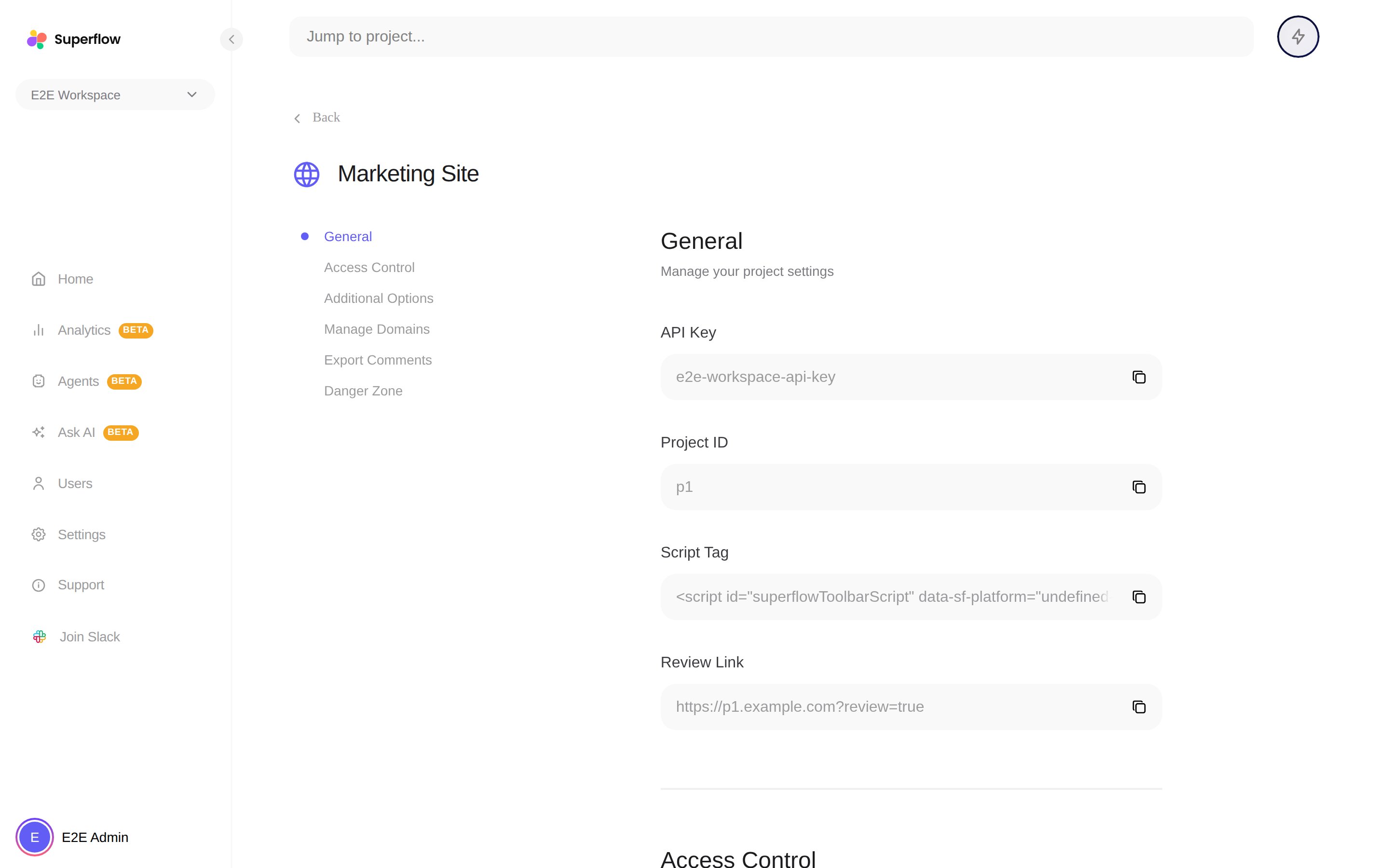 Project settings with the Export Comments section in the left navigation