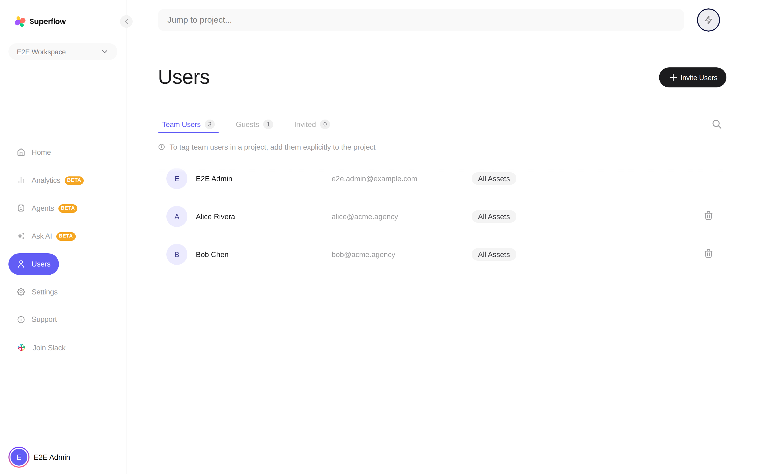The Users page's Team Users tab with a remove icon on each row
