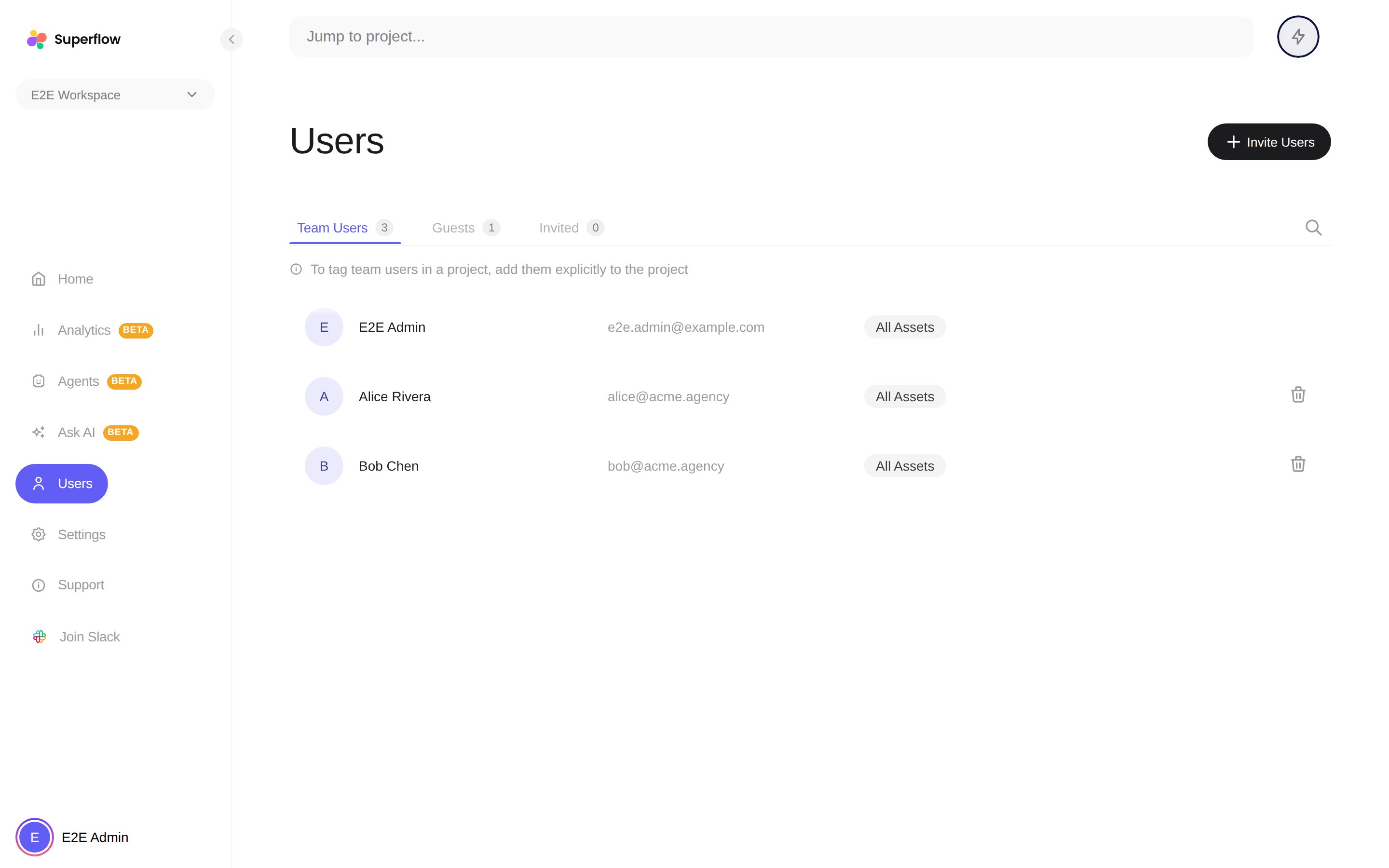 The Users page's Team Users tab with a remove icon on each row