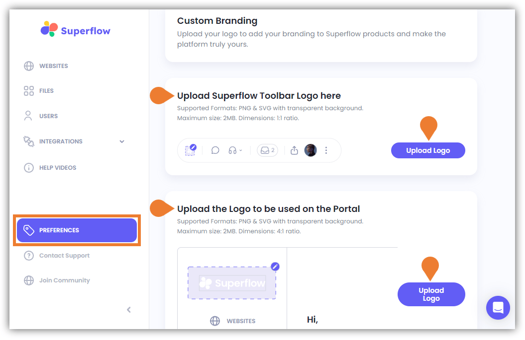 You can customize the branding of the Superflow Toolbar and the Portal