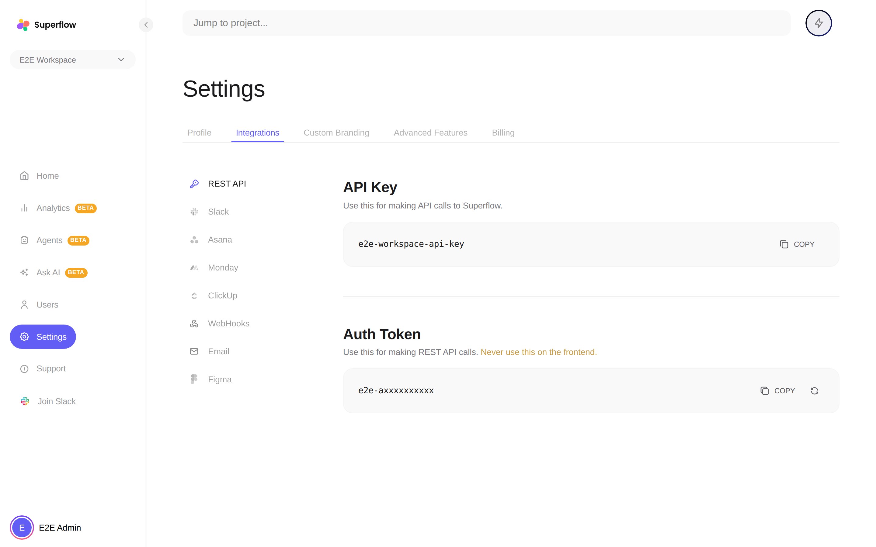 The REST API integration page with the API key and auth token