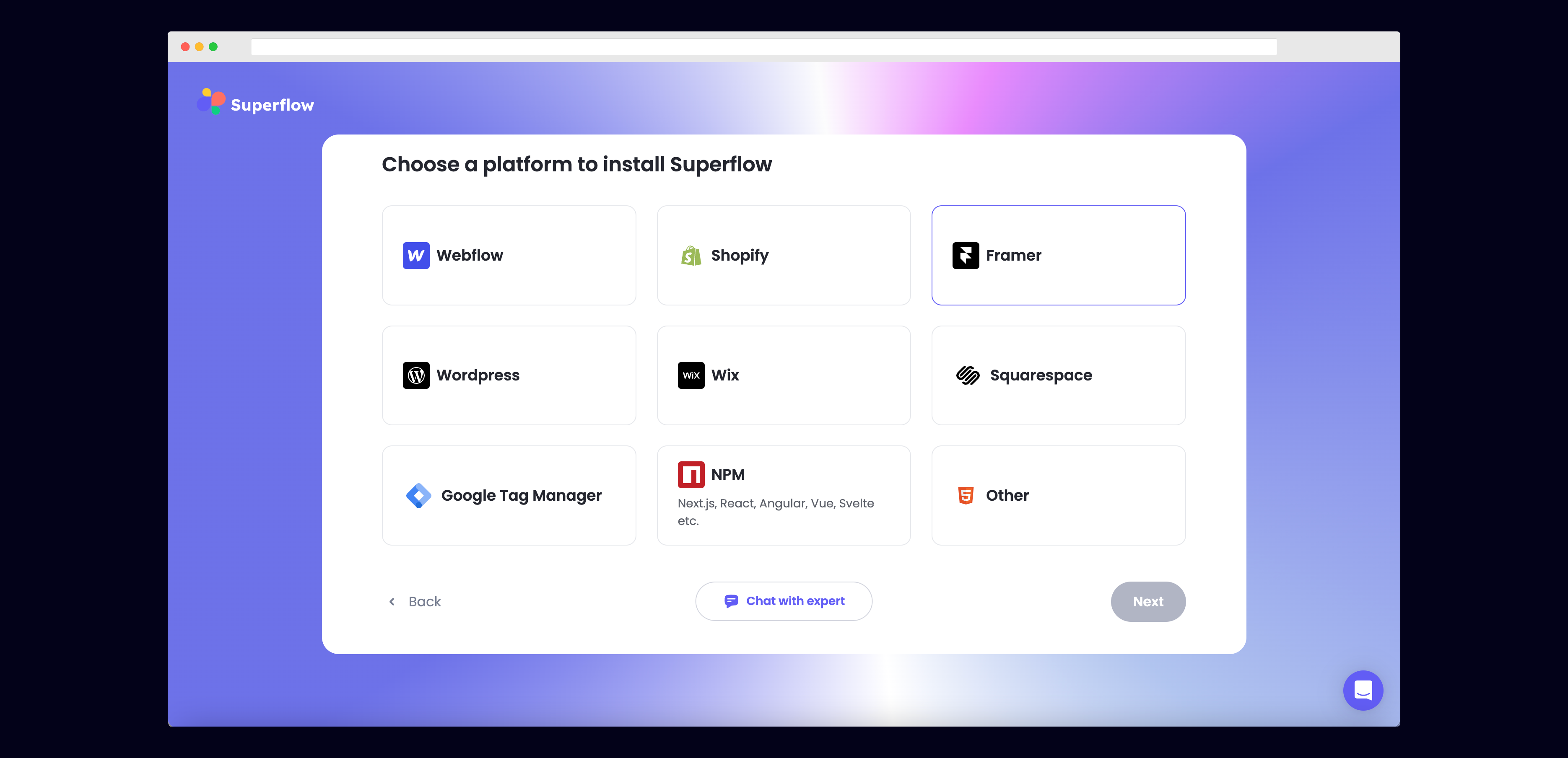 Framer: Select Framer from the list of Platforms