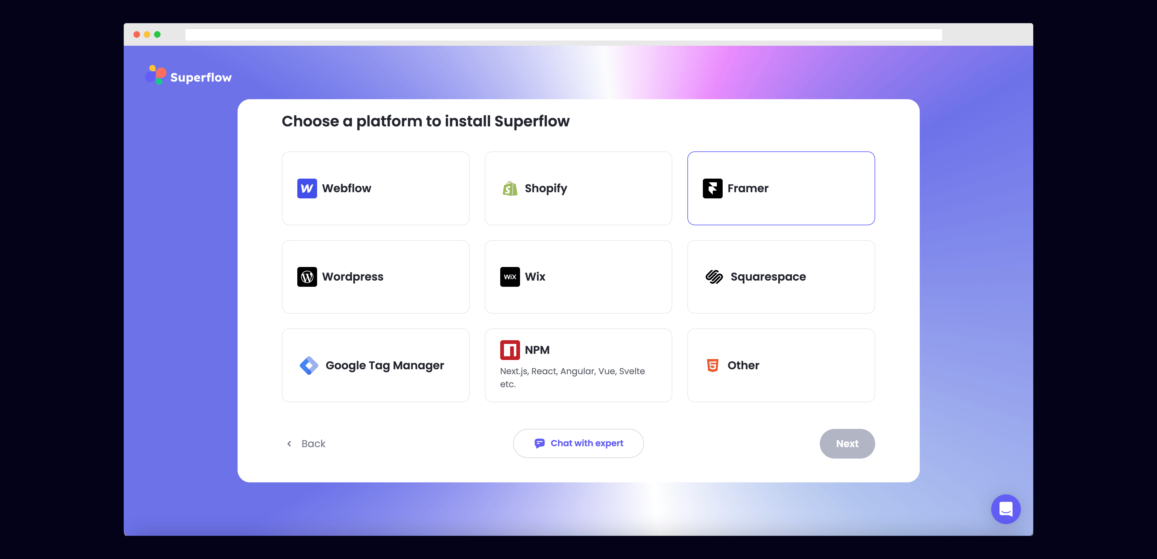Framer: Select Framer from the list of Platforms