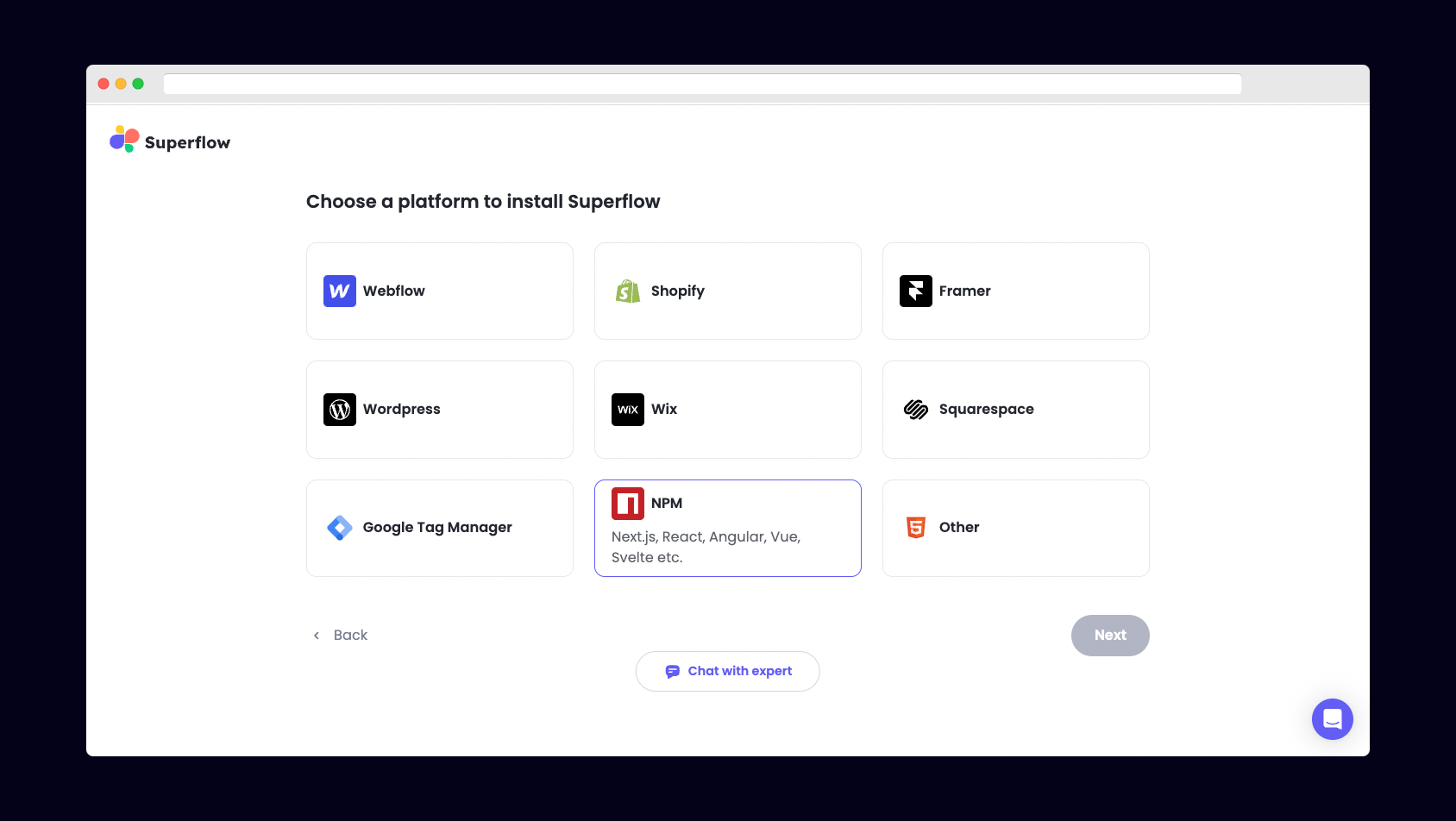 Angular: Select NPM from the list of Platforms