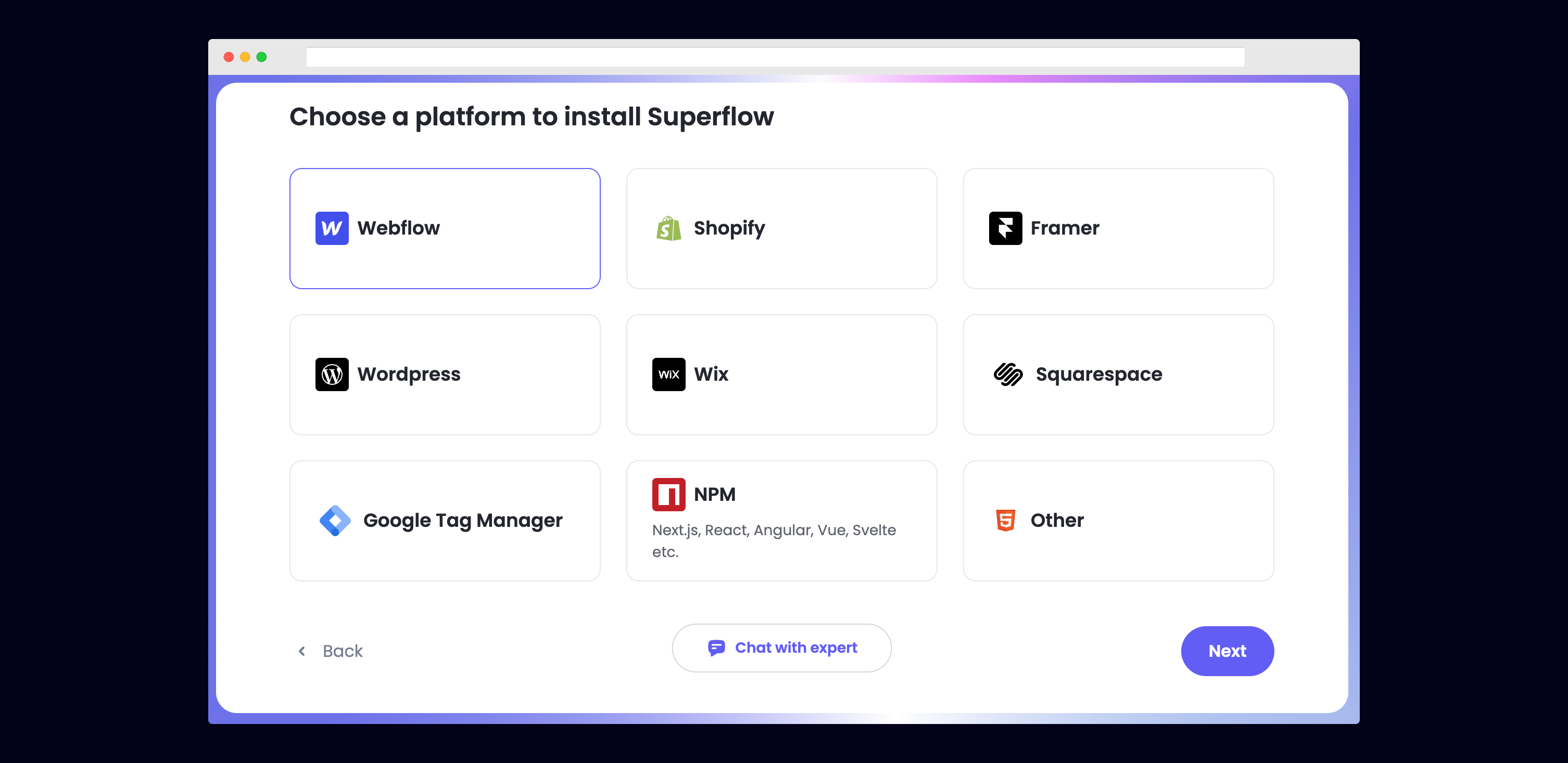 Webflow: Select Webflow from the list of Platforms