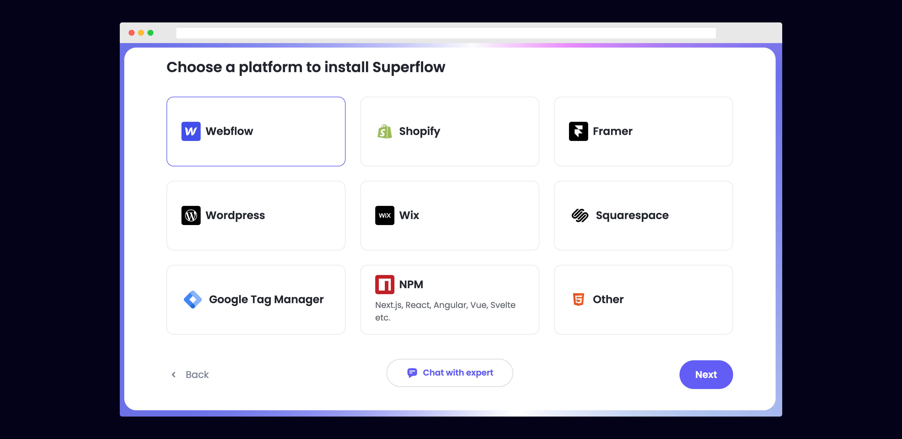 Webflow: Select Webflow from the list of Platforms