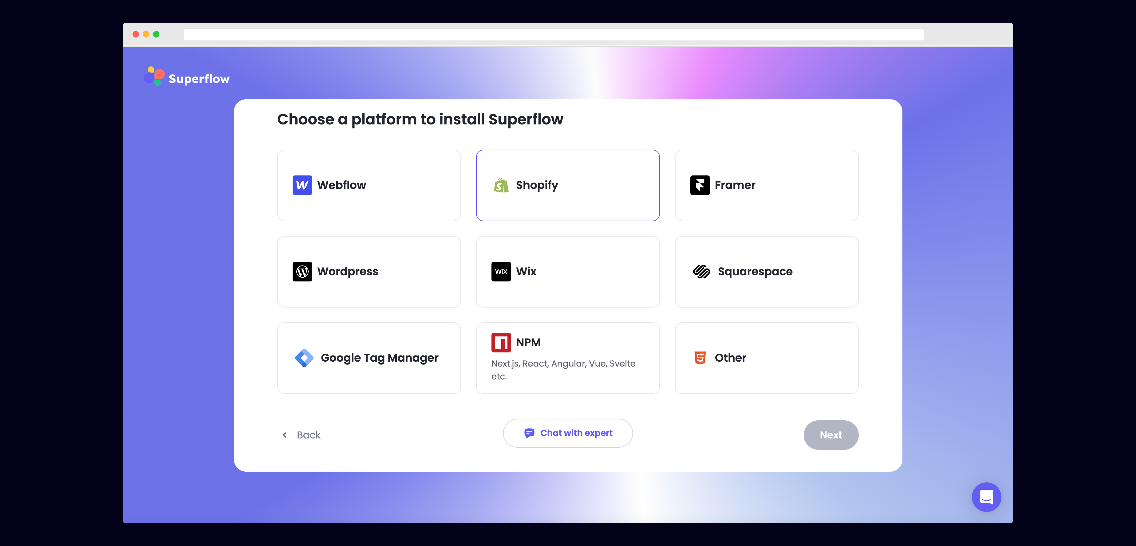 Shopify: Select Shopify from the list of Platforms