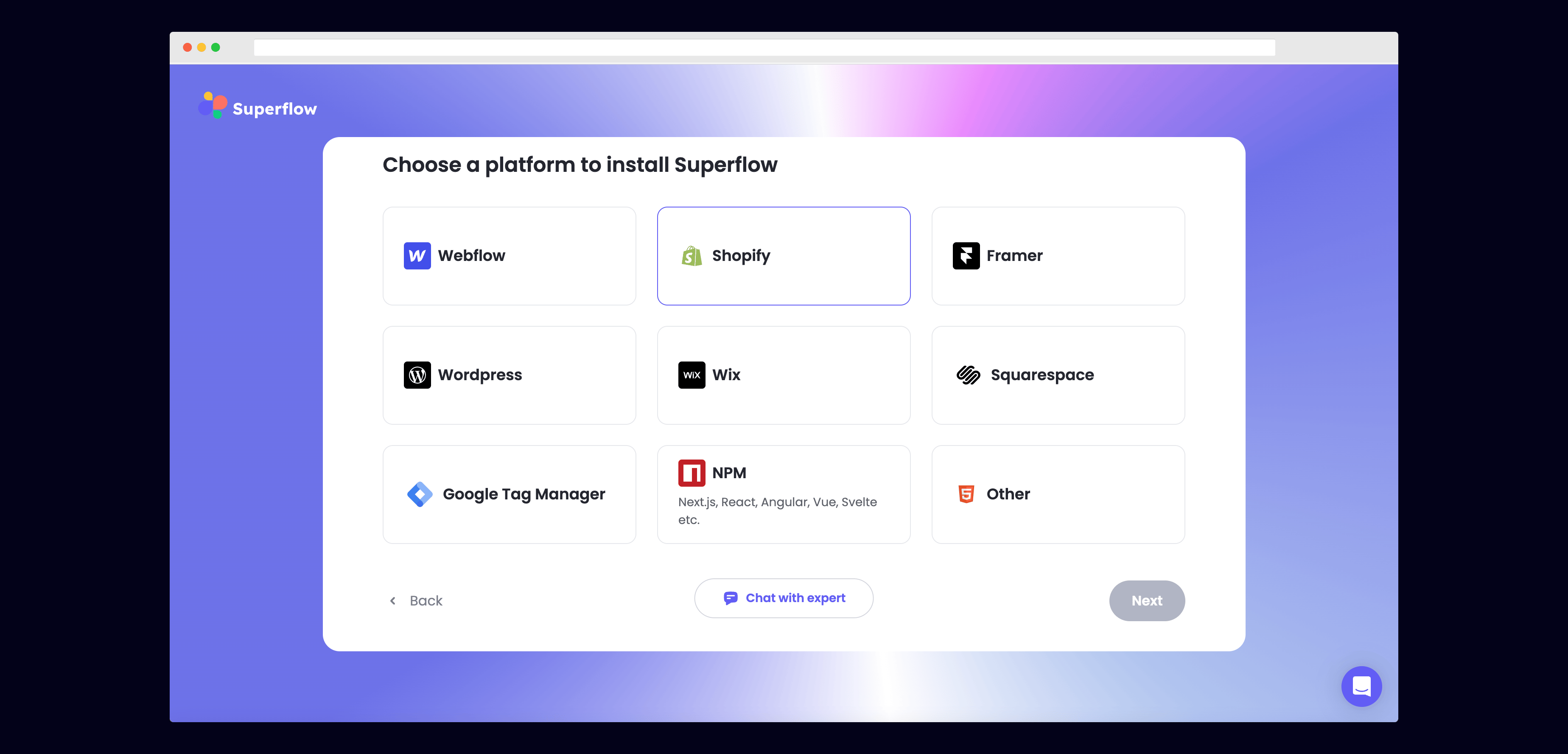 Shopify: Select Shopify from the list of Platforms