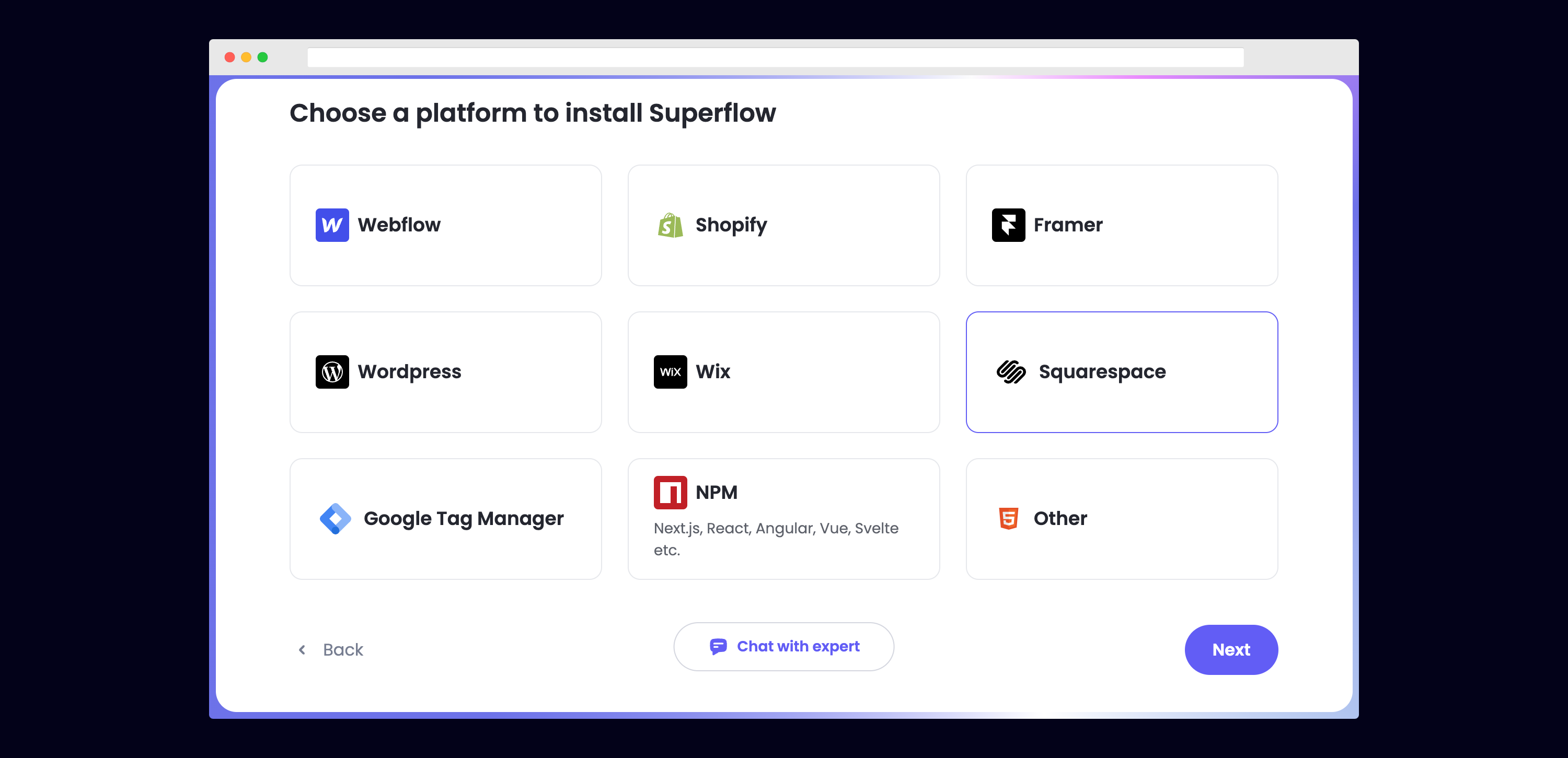 Squarespace: Select Squarespace from the list of Platforms