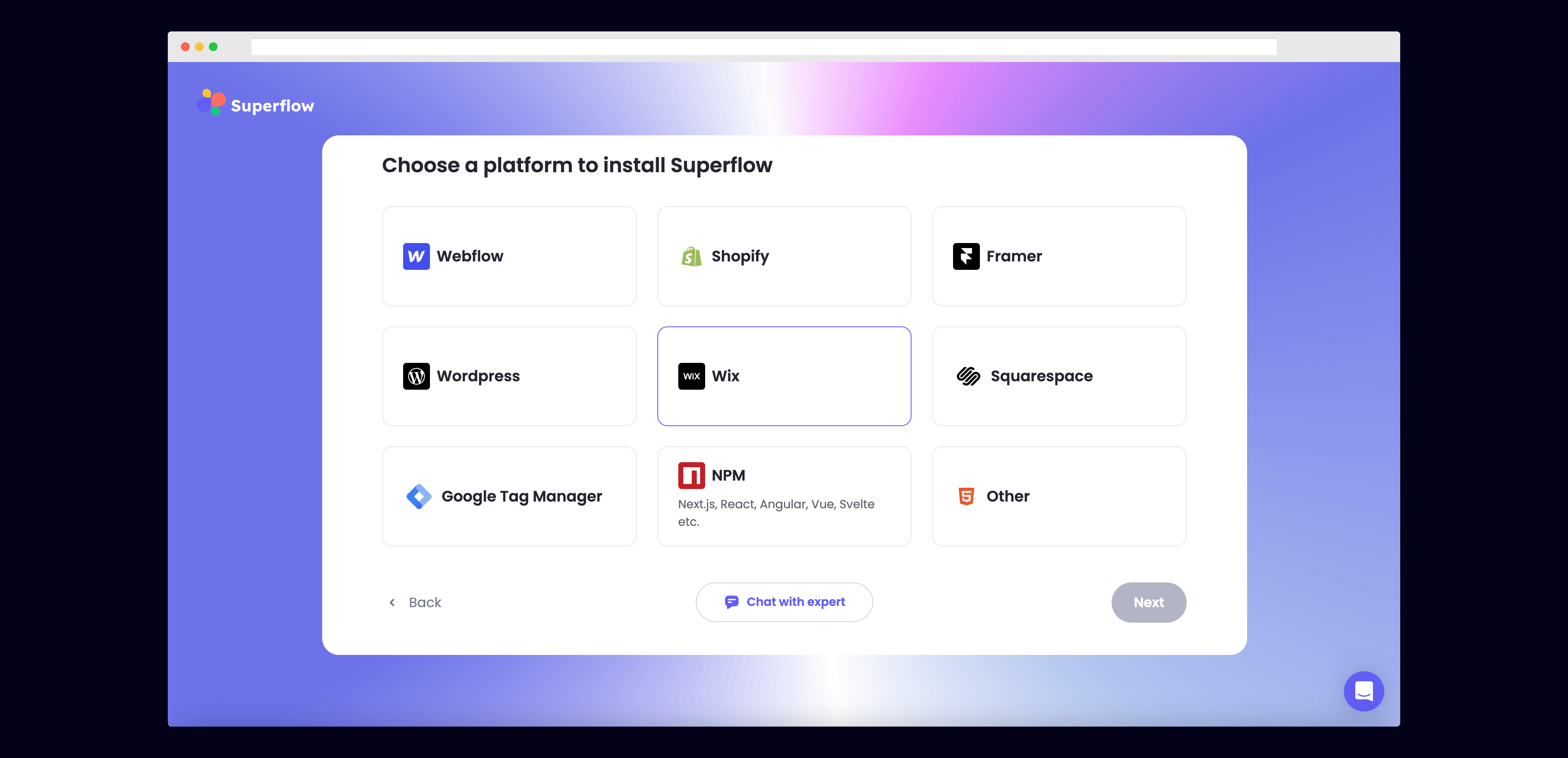 Wix: Select Wix from the list of Platforms
