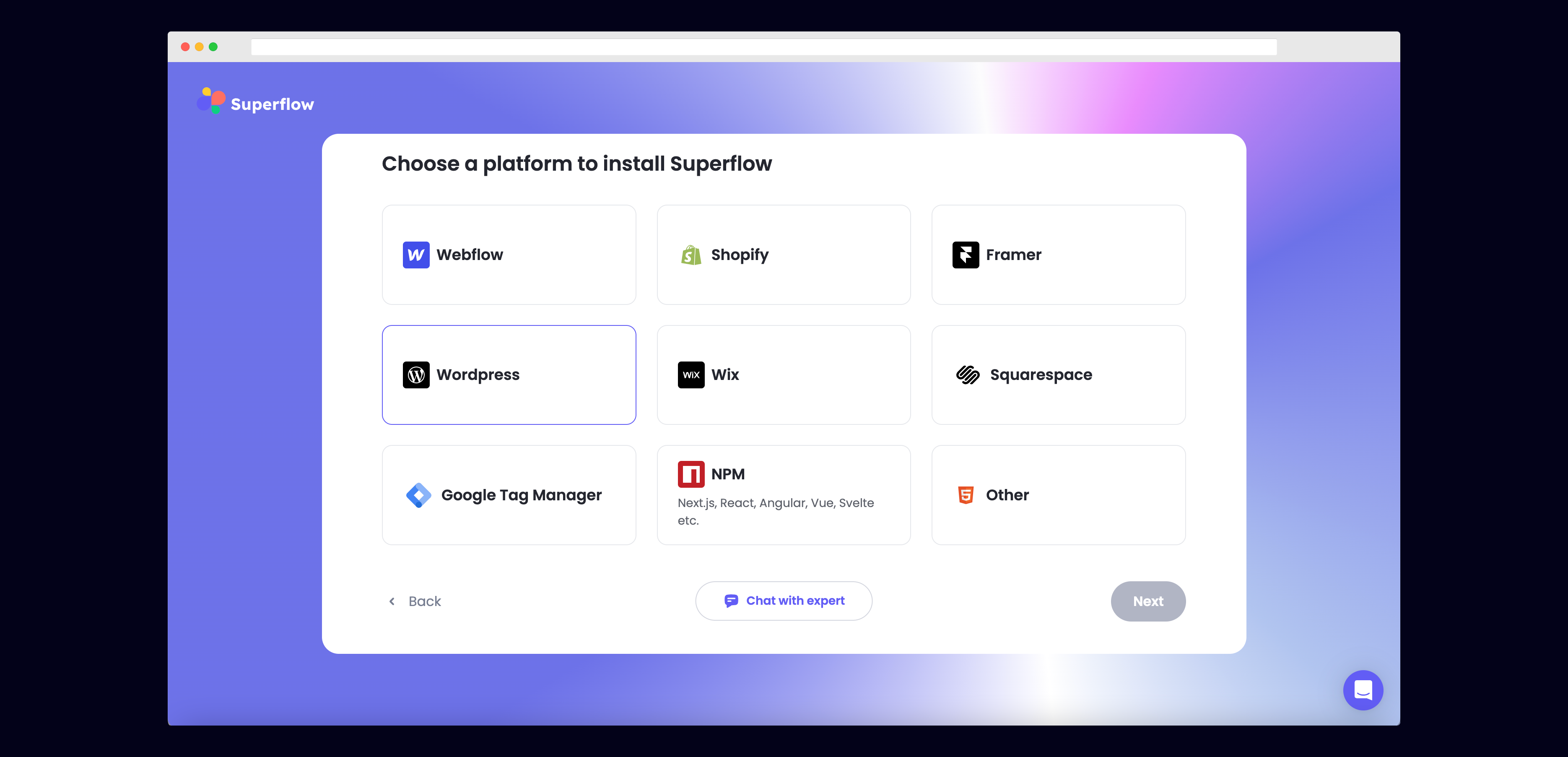 WordPress (Self-Hosted): Select Wordpress from the list of Platforms