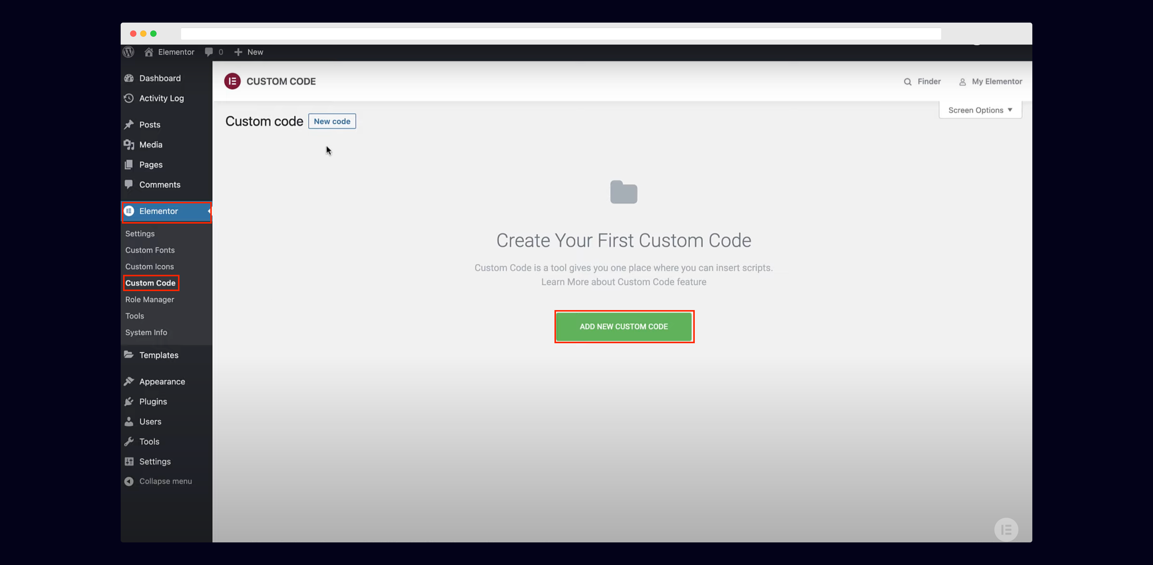 Elementor: Go to your Wordpress Dashboard, then click on Custom Code under Elementor