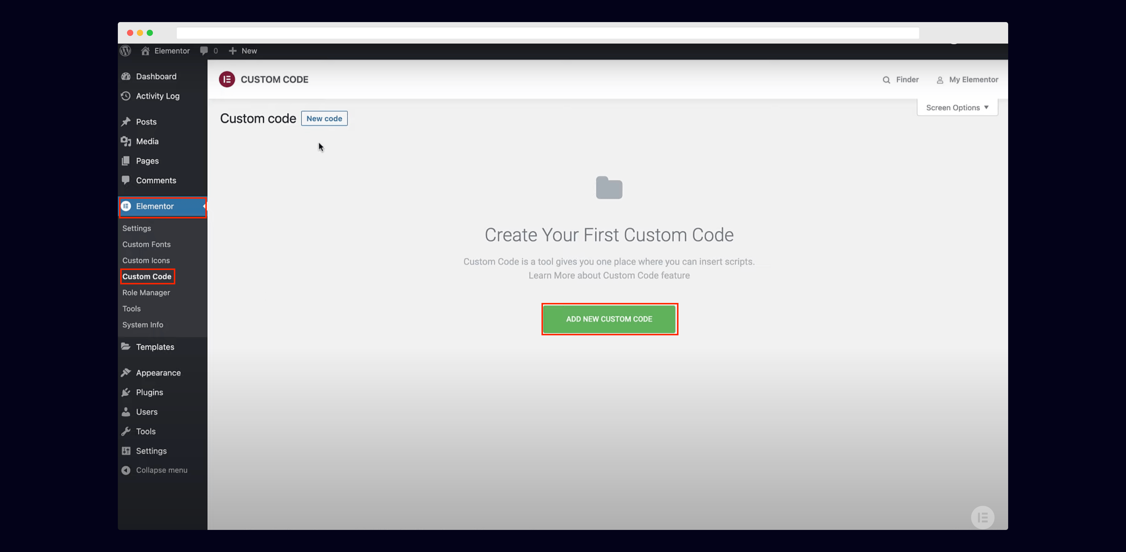 Elementor: Go to your Wordpress Dashboard, then click on Custom Code under Elementor