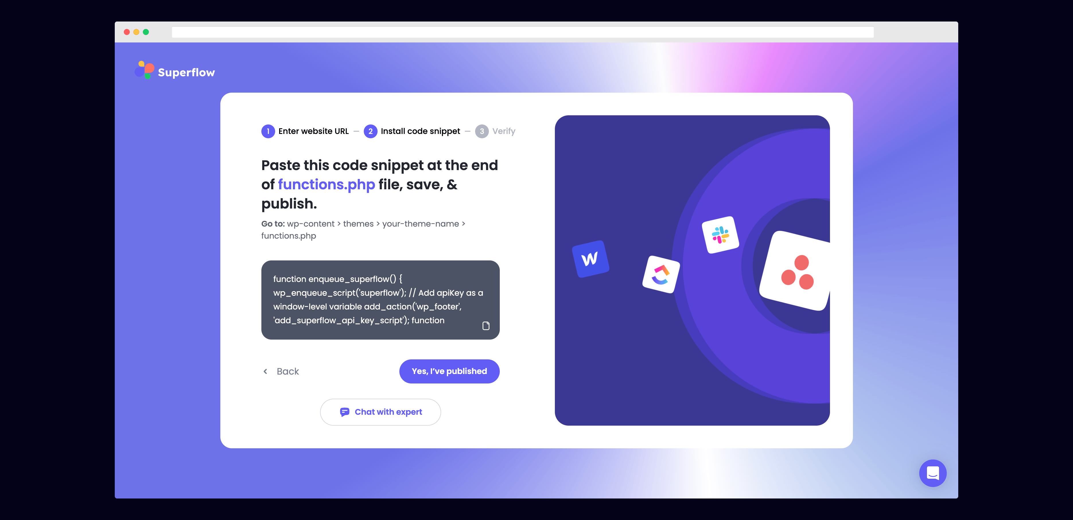 WordPress (Self-Hosted): Copy your unique Superflow code