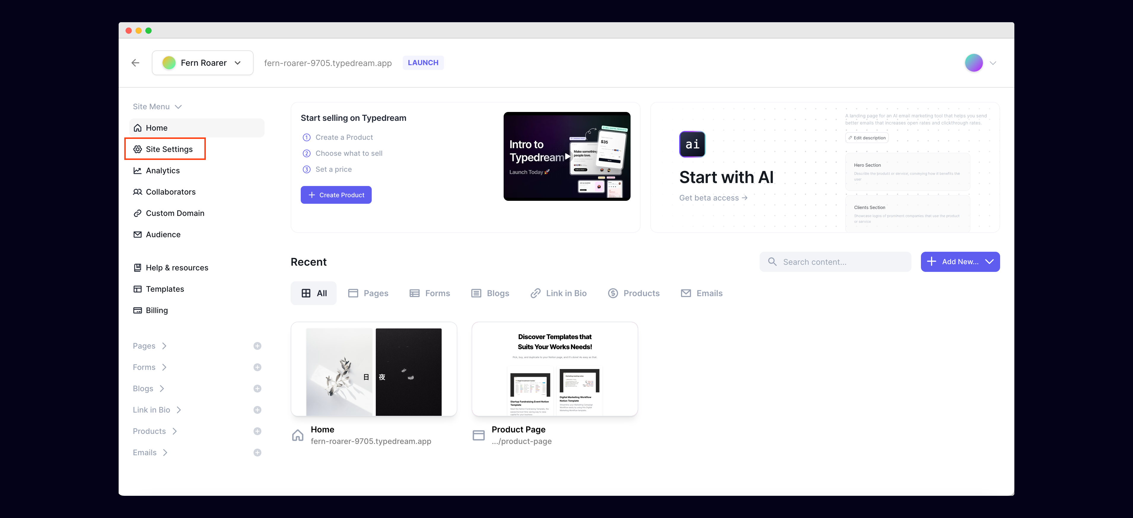 Typedream: Go to Site Settings on your Typedream site editor