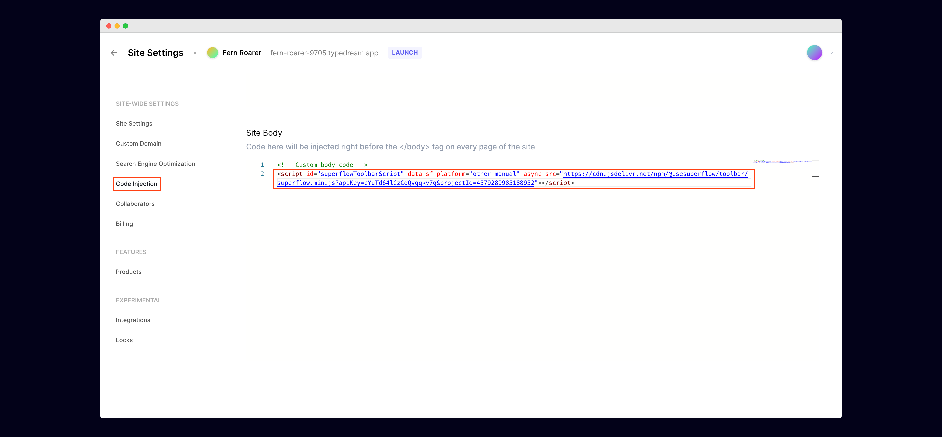 Typedream: Click on Code Injection to add your unique Superflow code