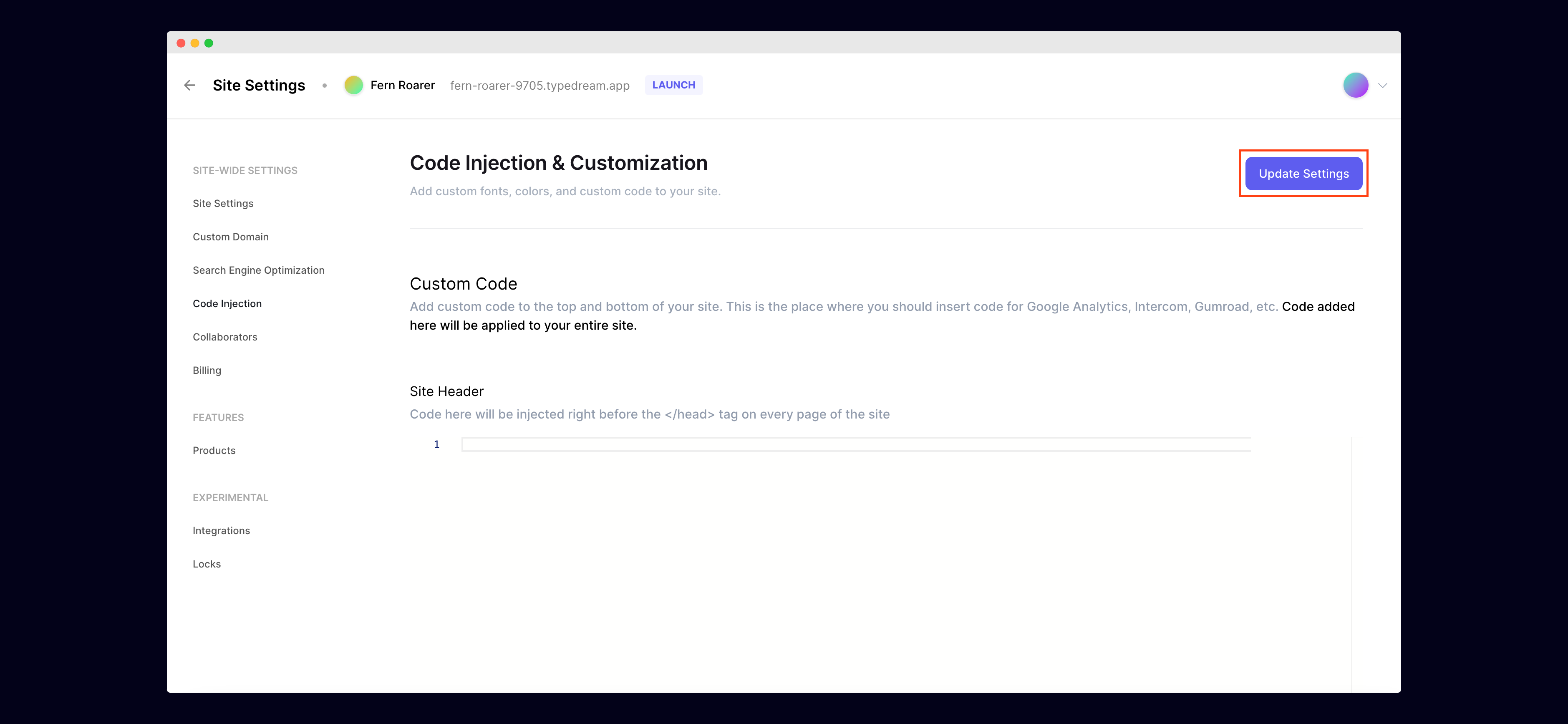 Typedream: Click on Code Injection to add your unique Superflow code