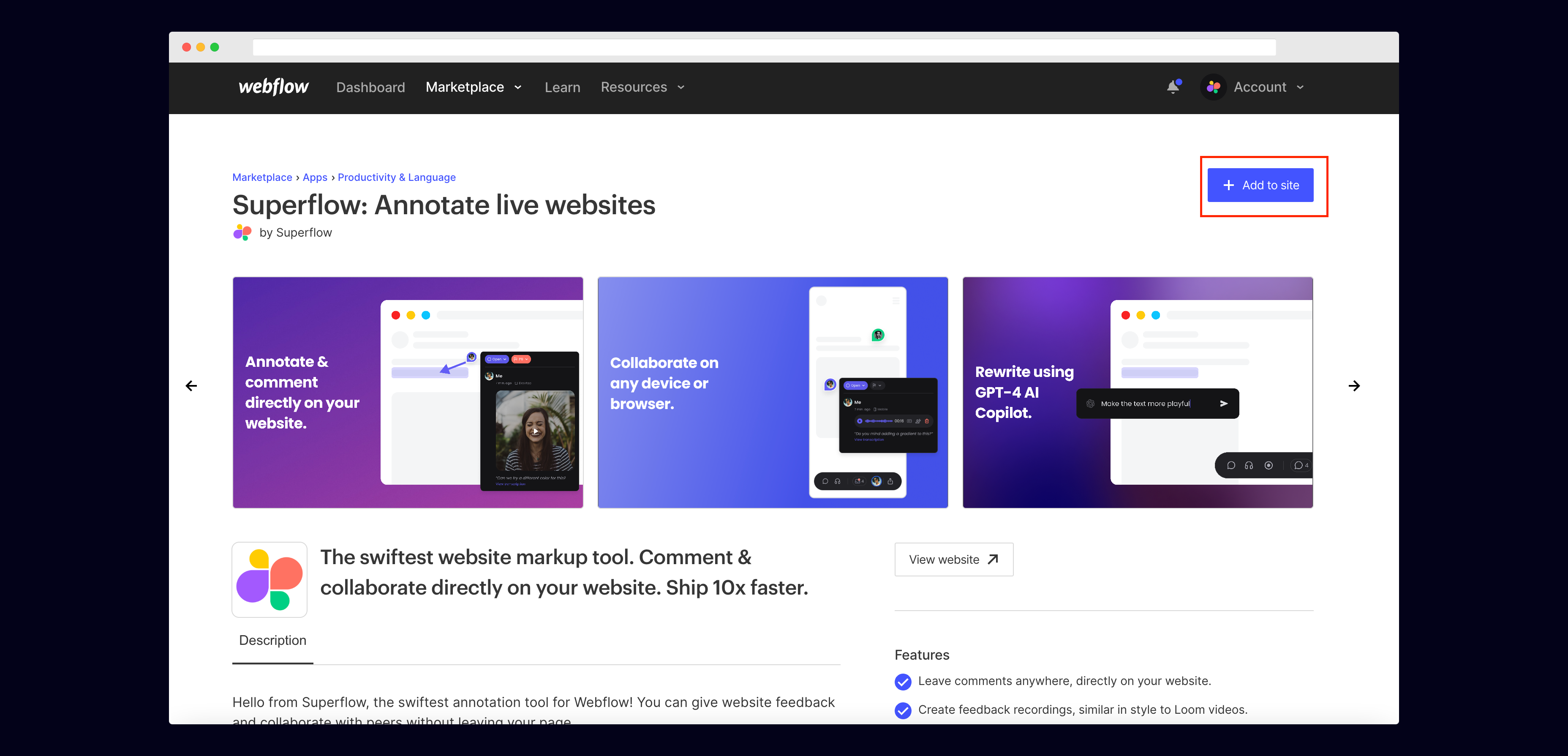 Webflow Marketplace App: Click '+ Add to Site'