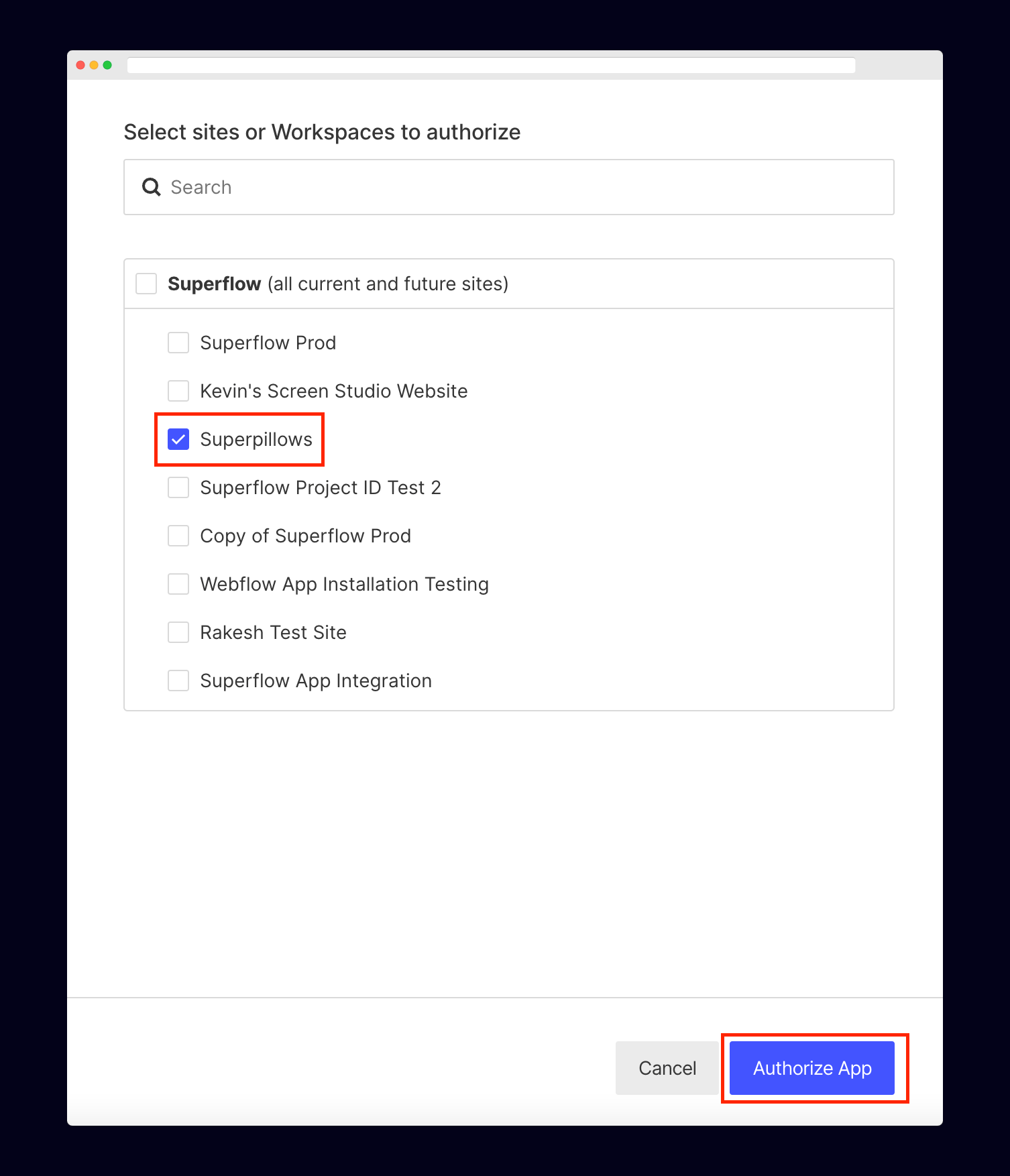 Webflow Marketplace App: Select the sites you want to add Superflow to