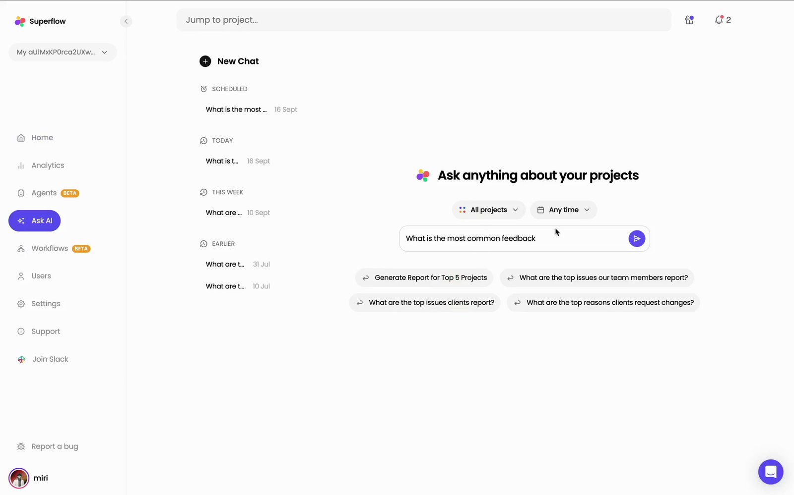 On the Superflow Dashboard, click Ask AI in the left sidebar