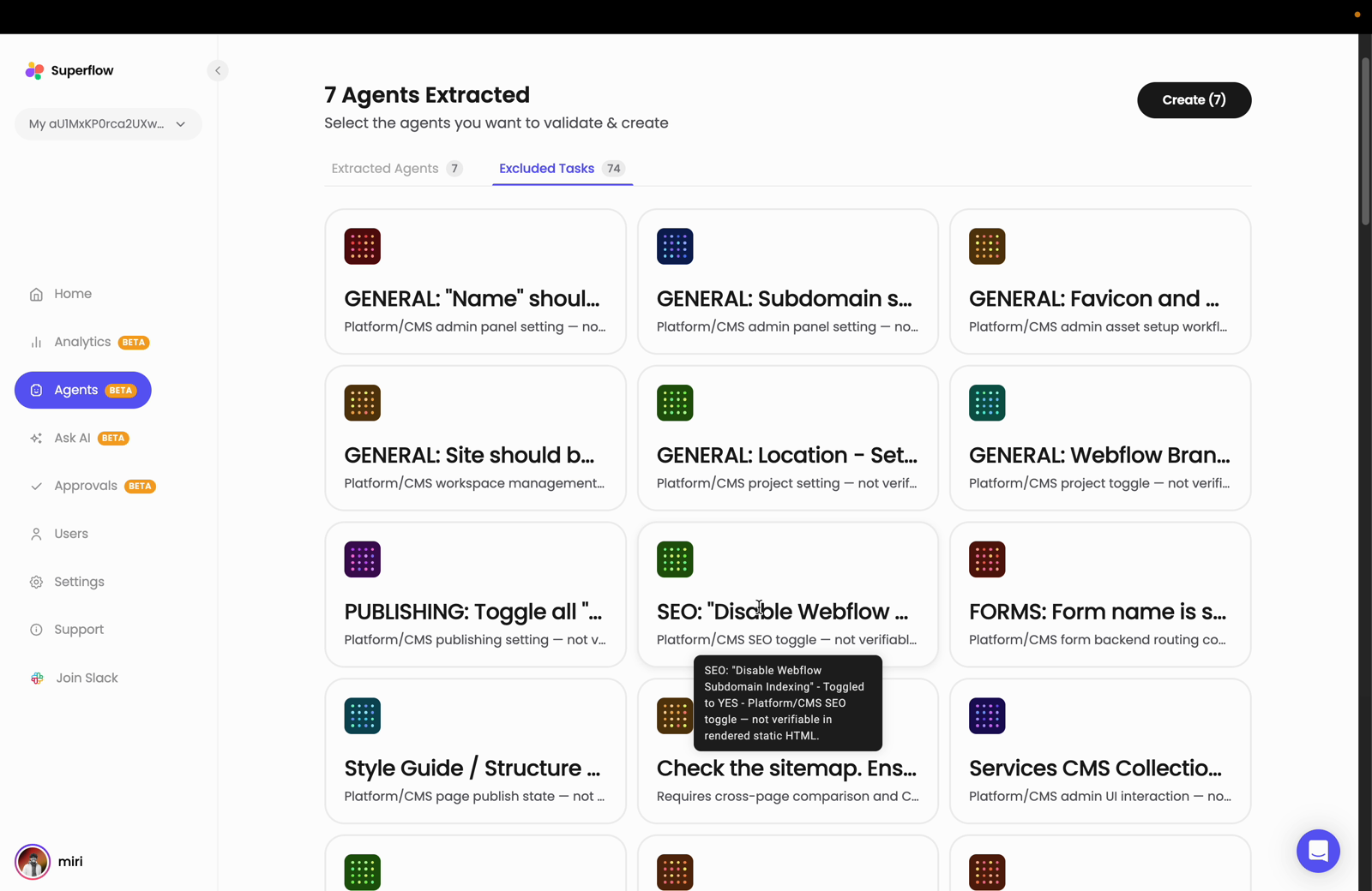 Click the Excluded Tasks tab to see the tasks Superflow could not turn into agents
