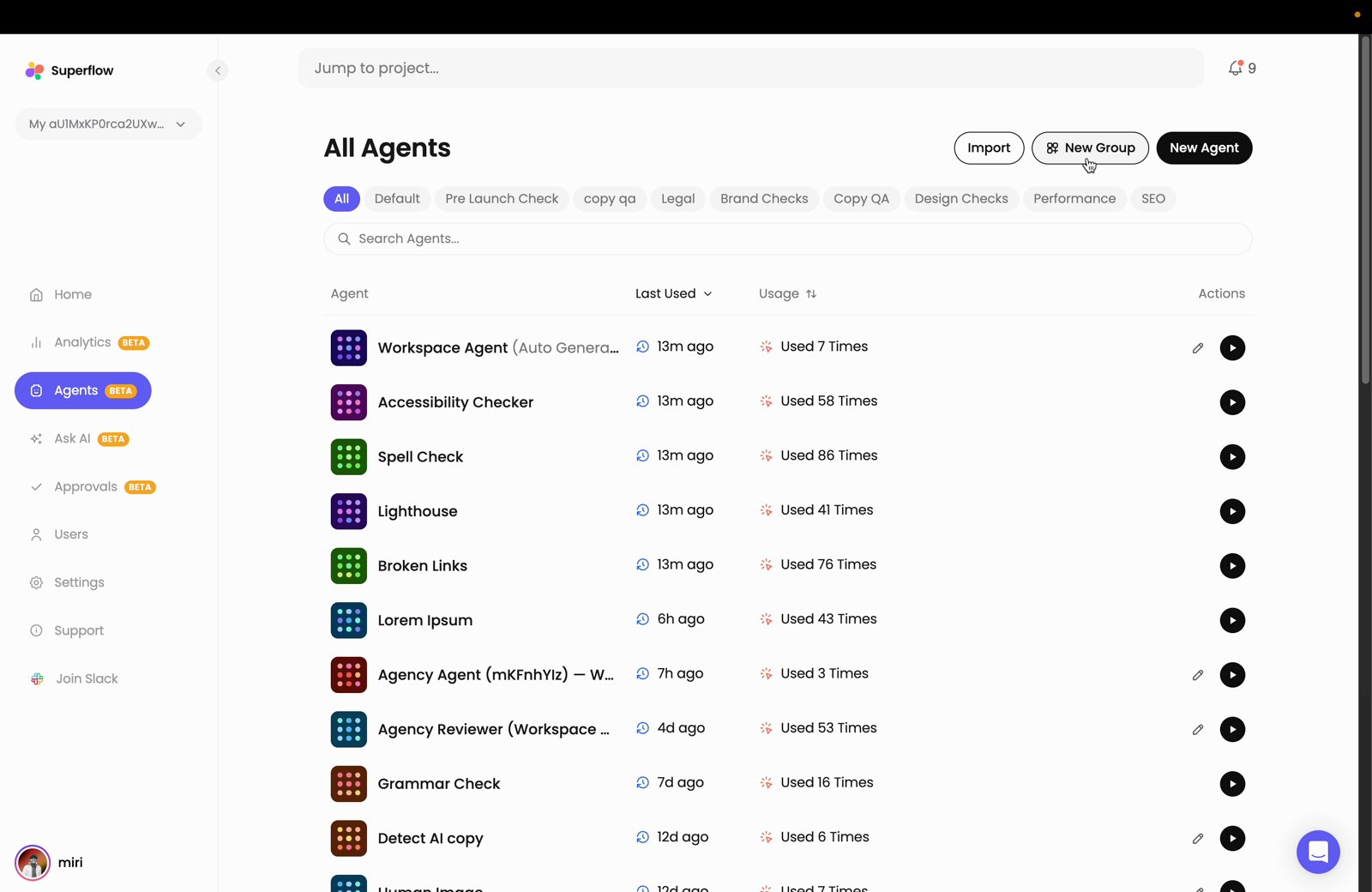 On the Superflow Dashboard, click Agents in the left sidebar to open the All Agents page
