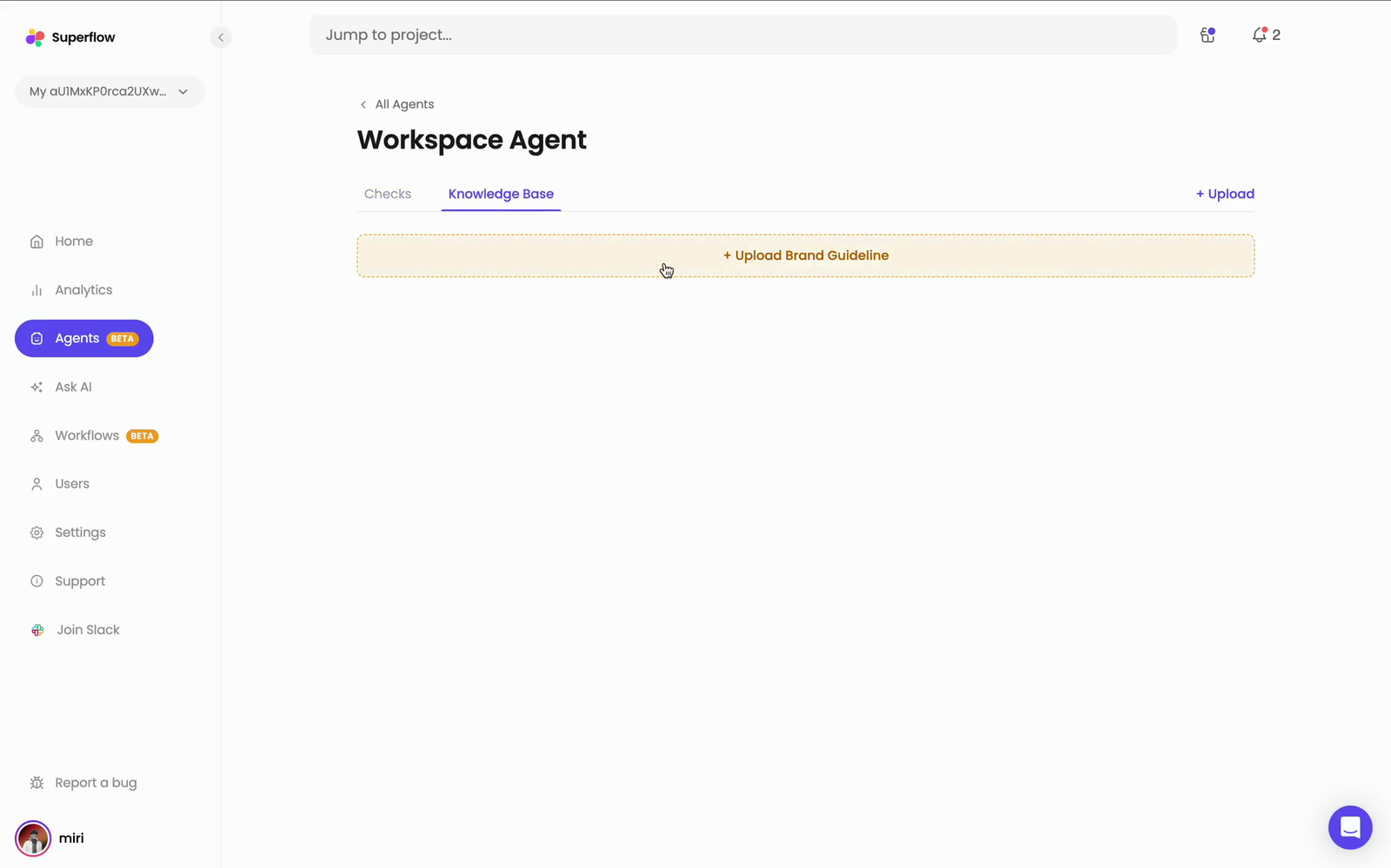 Open the Knowledge Base tab and upload your brand guidelines