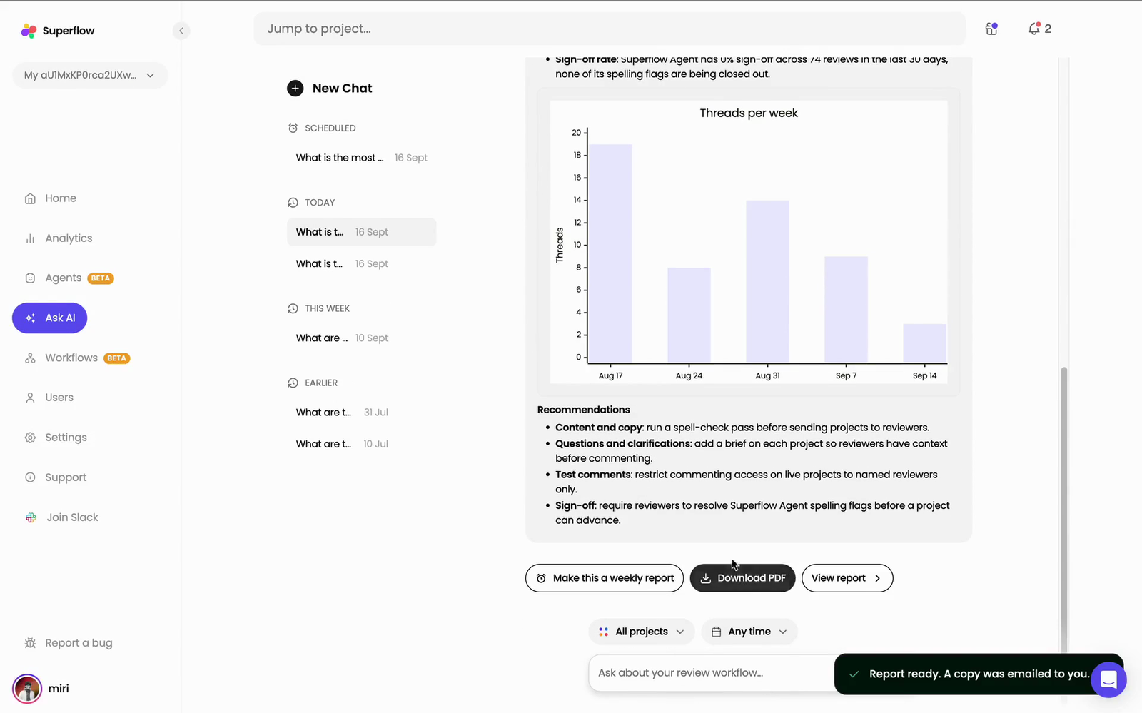 Click Create report now to turn the answer into something you can share
