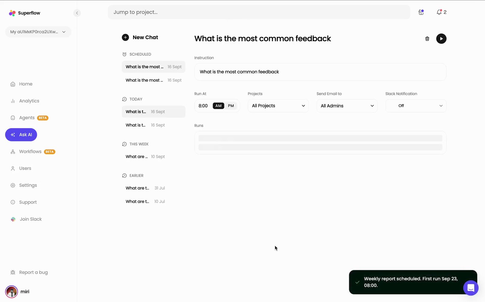 The report's settings page opens, named after your question