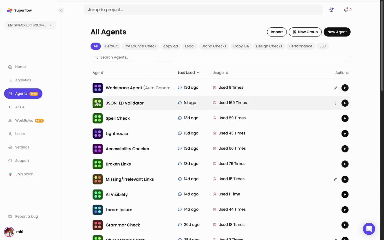 On the Superflow Dashboard, click Agents in the left sidebar