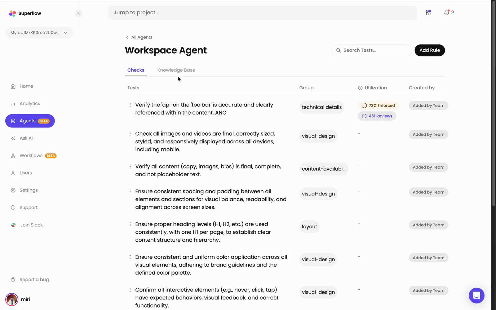 The Checks tab lists every check the agent has derived from your reviews