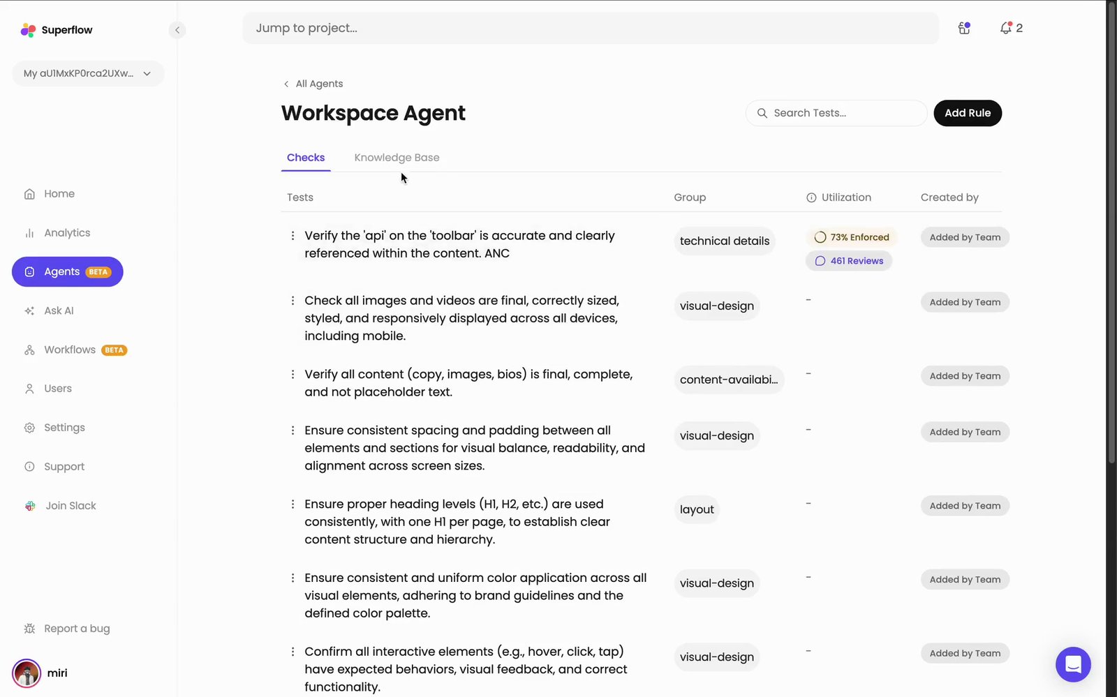 The Checks tab lists every check the agent has derived from your reviews