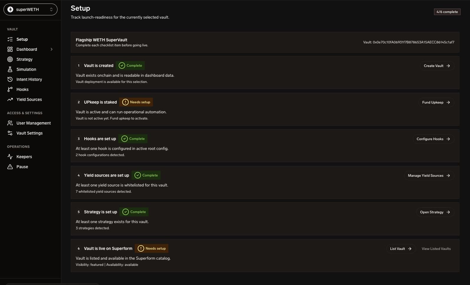 SuperformOS Setup Checklist - post-create readiness rows