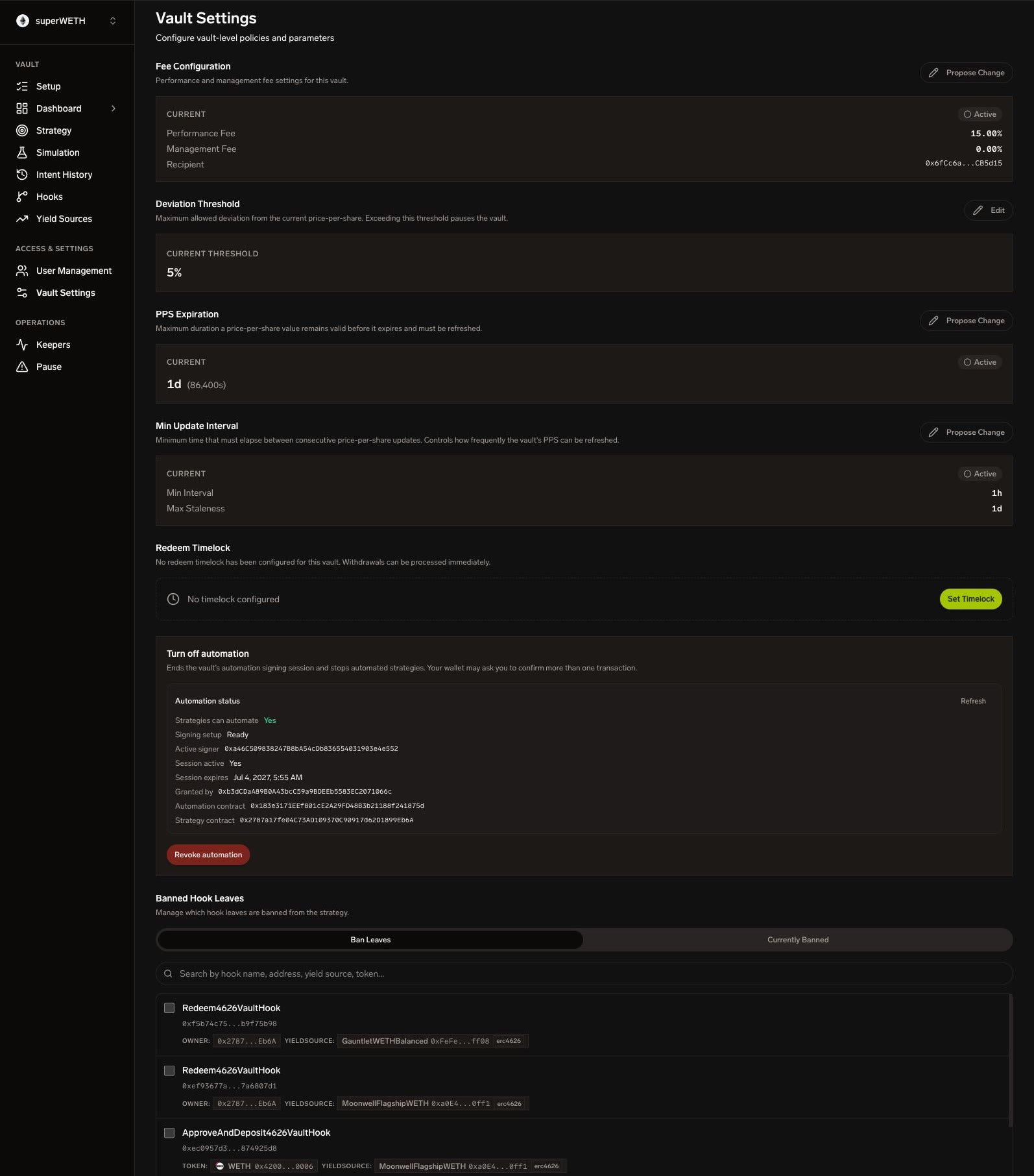 SuperformOS Vault Settings — upkeep activation and notification-channel controls