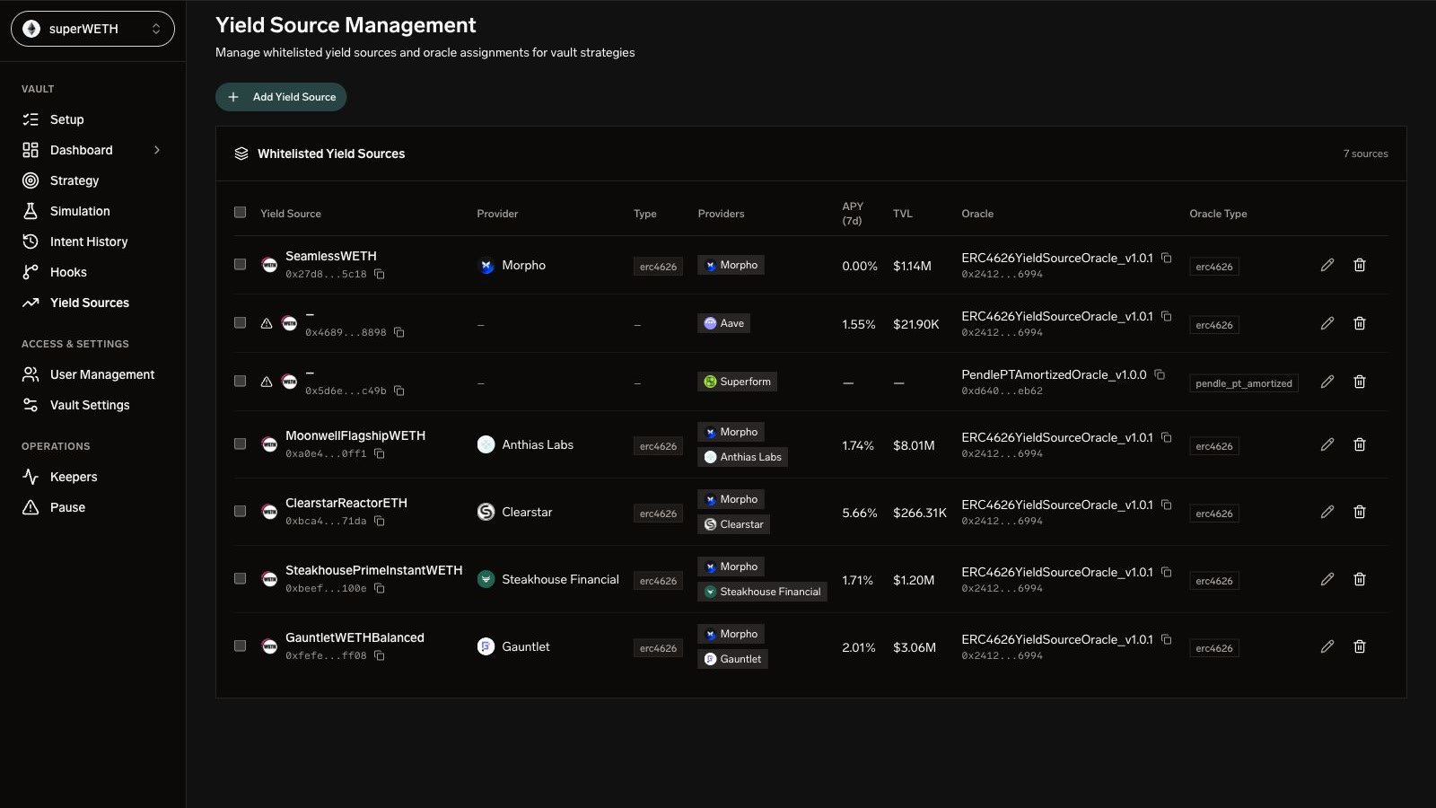 SuperformOS Yield Source Management — whitelist and oracle pairing controls