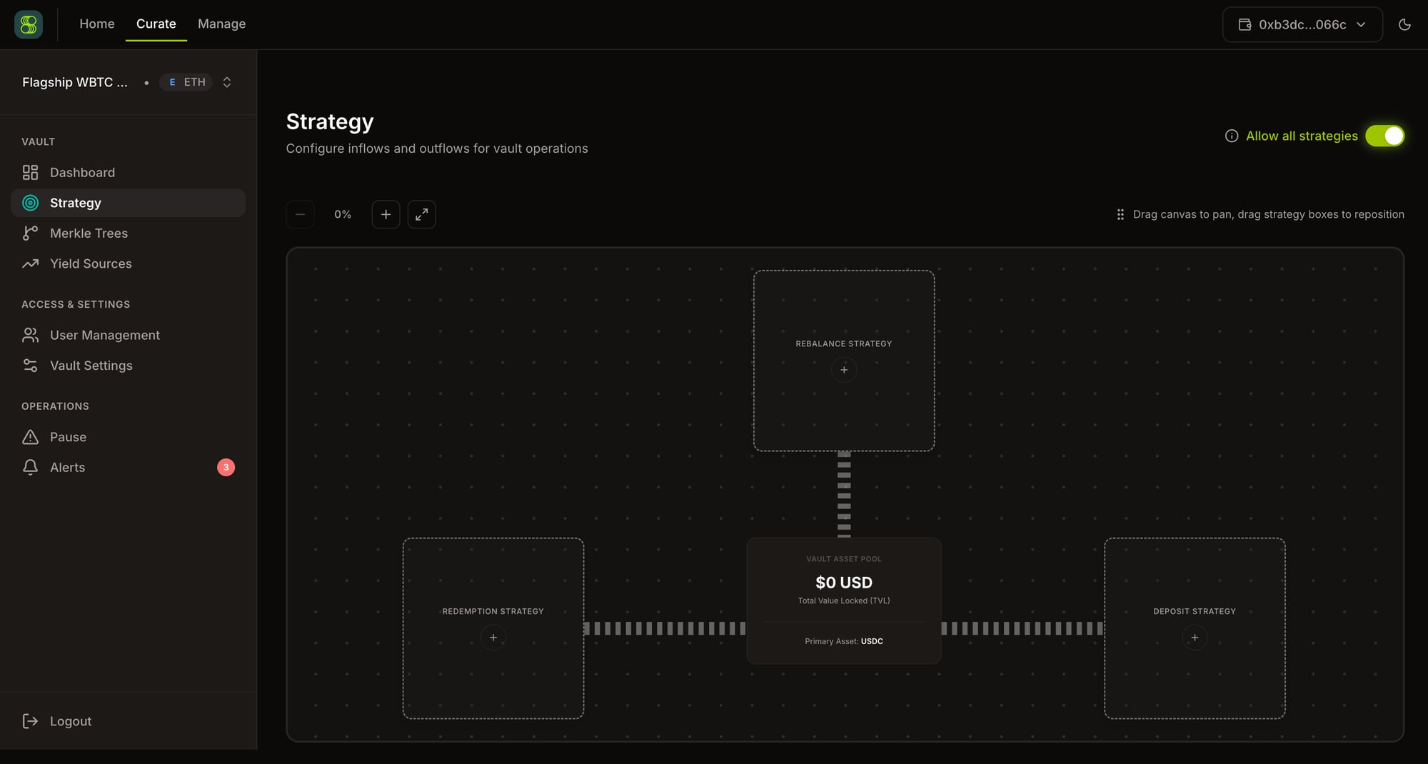 SuperformOS Strategy Canvas — automated vault strategy lanes and controls