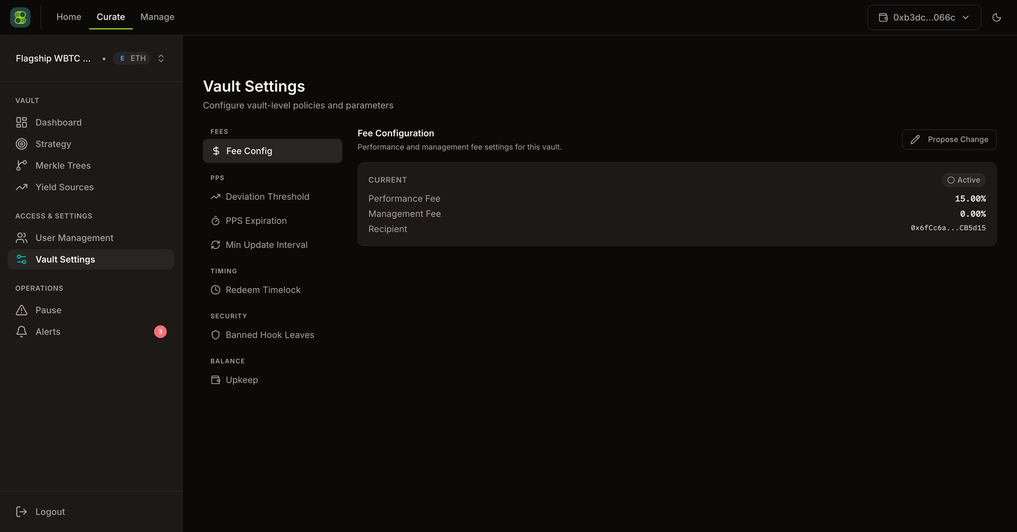 SuperformOS Vault Settings — fees, PPS, upkeep, session keys, and notifications