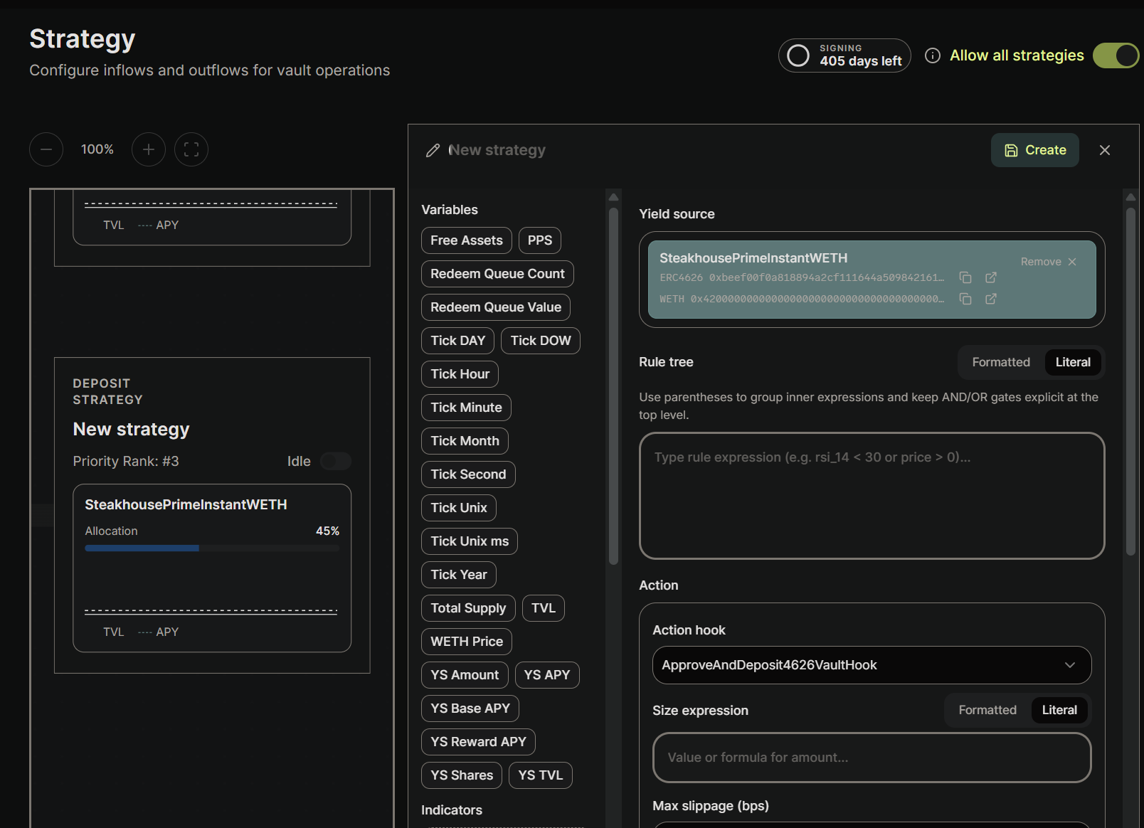 The strategy editor — Variables palette, Yield source, Rule tree, Action hook, Size expression