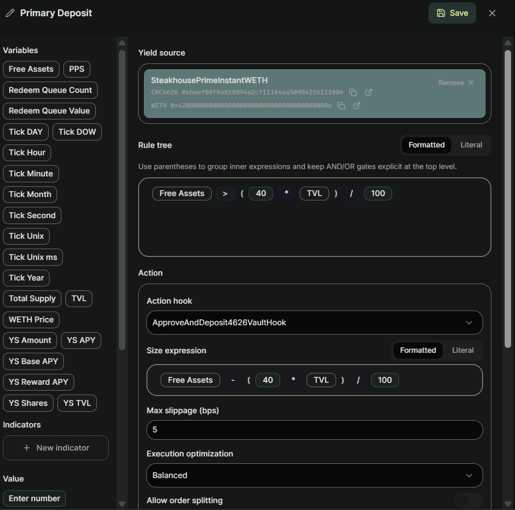 A saved strategy in the Manage view, with rule and size as formatted chips
