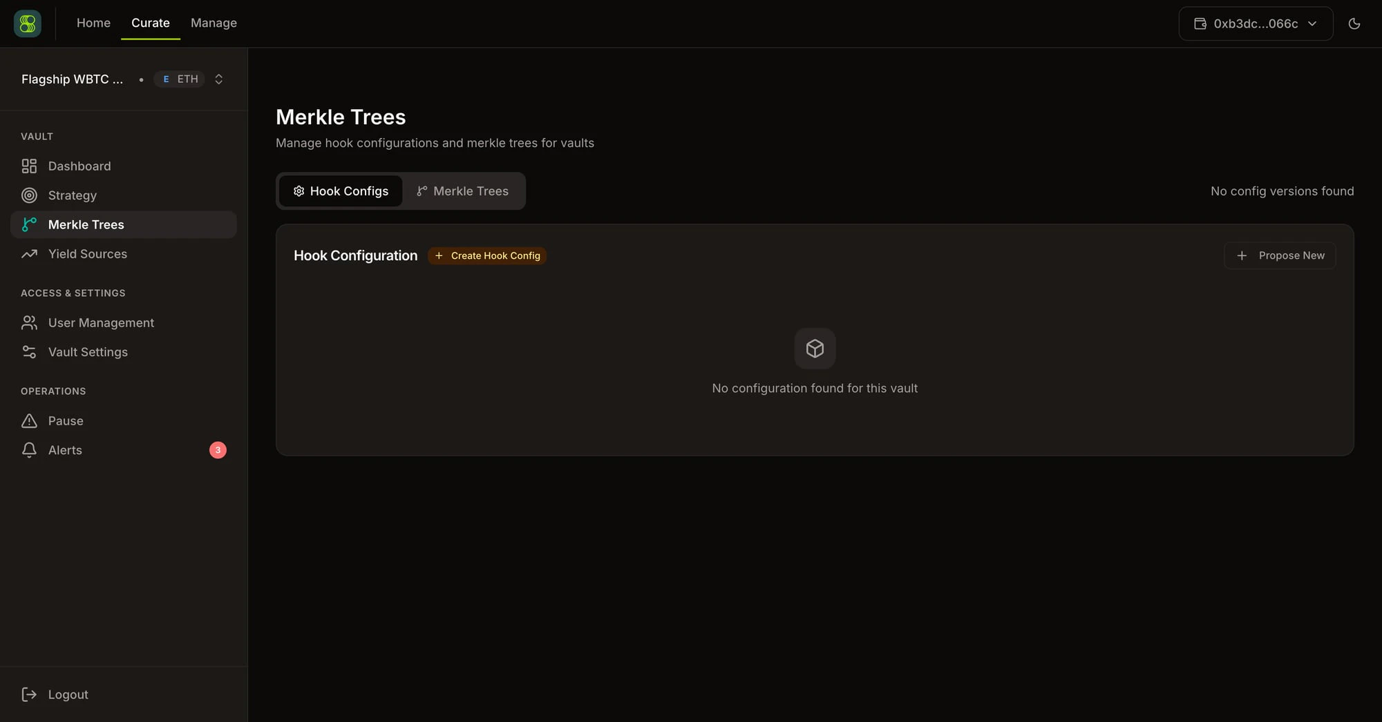 SuperVaults Merkle Trees — Hook Configs and Merkle Trees tabs with Create Hook Config action