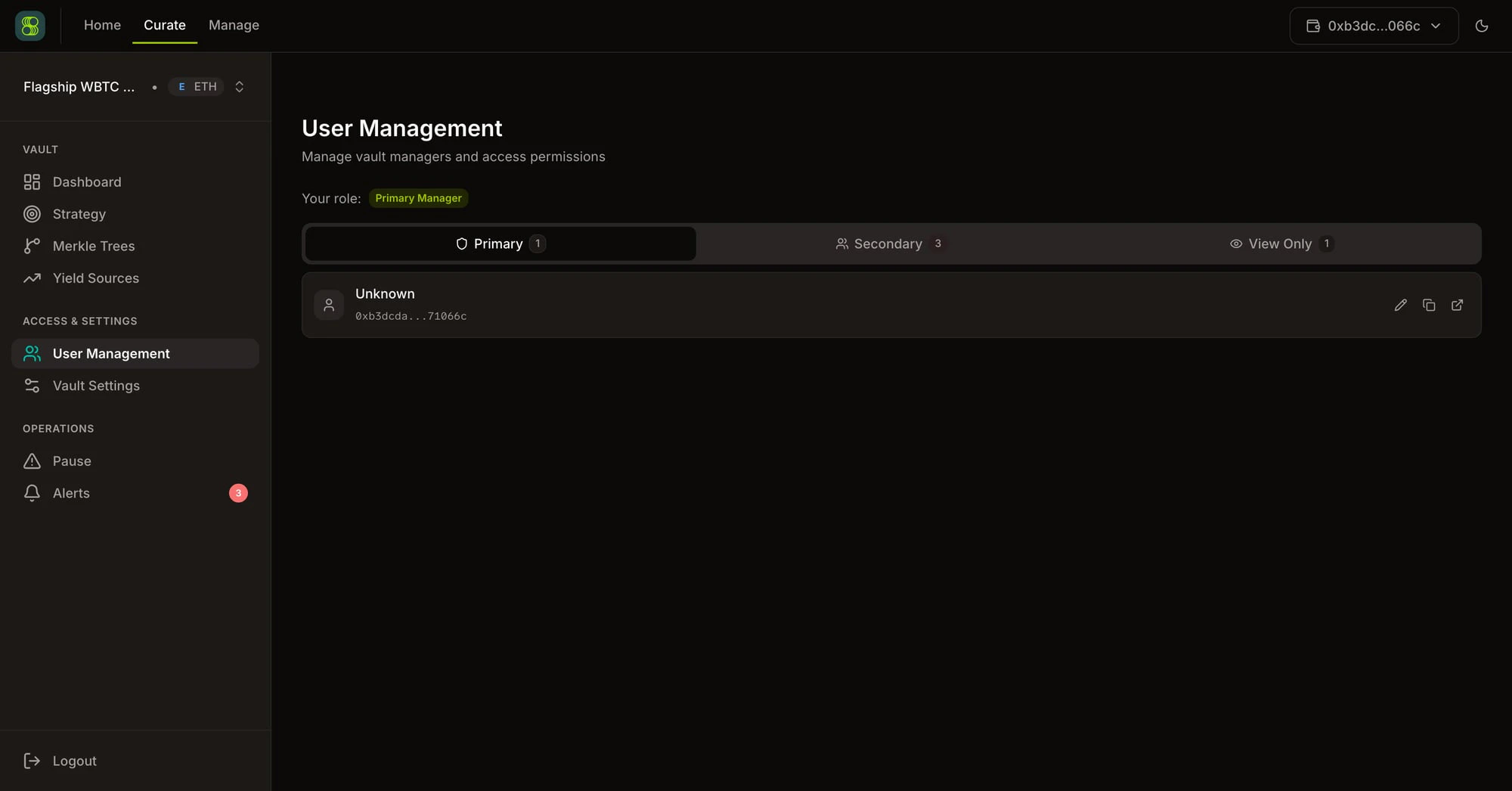 SuperVaults User Management — Primary, Secondary, and View Only manager role tabs