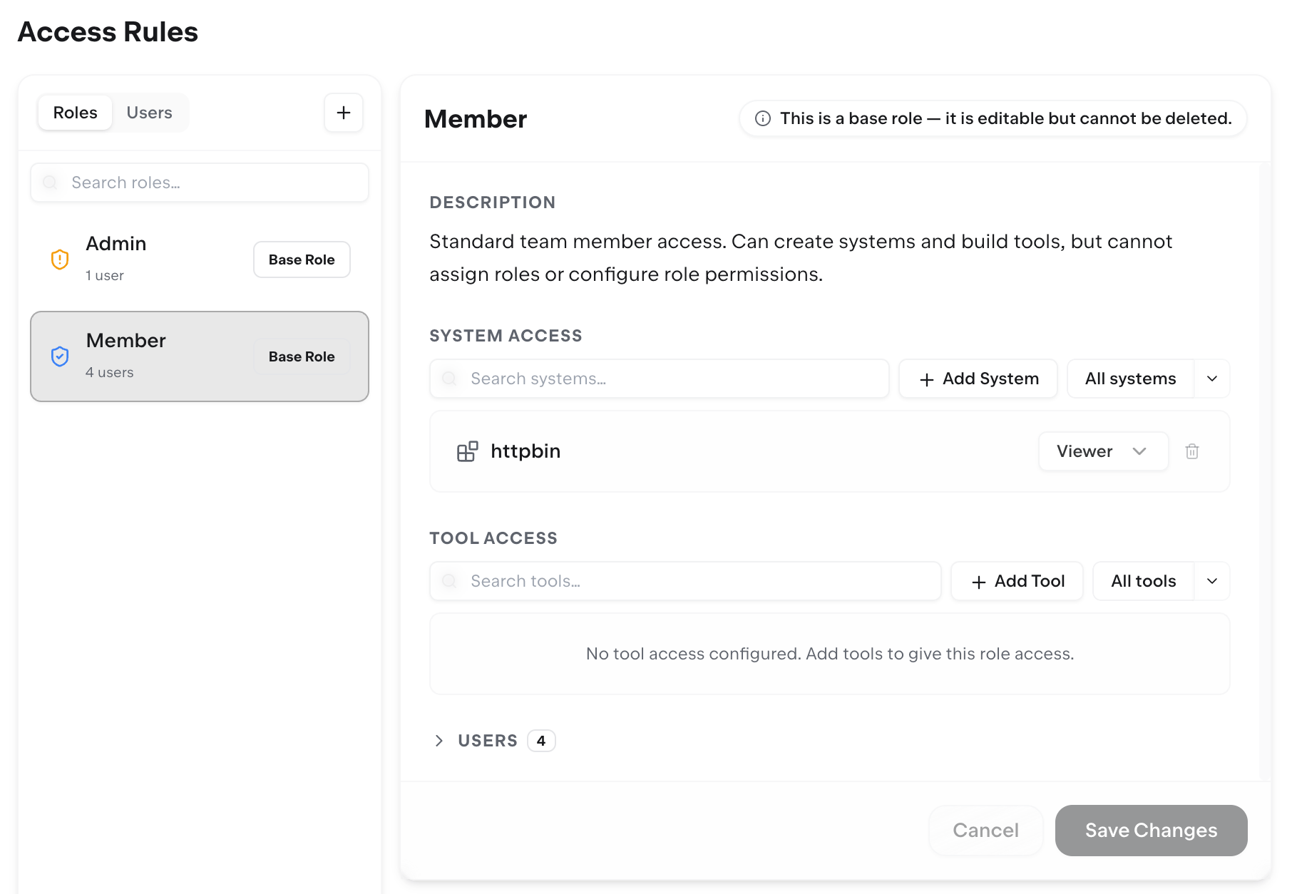 Access Rules showing Member role system and tool access