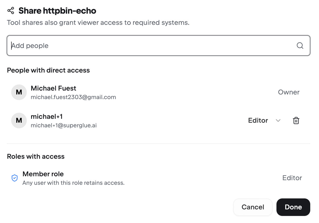 Share dialog showing direct access and role access