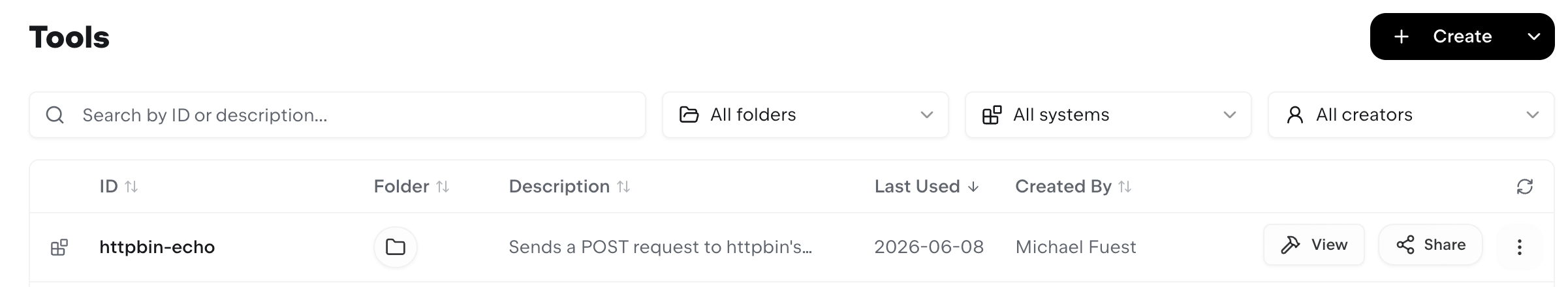 Tools list with Share action