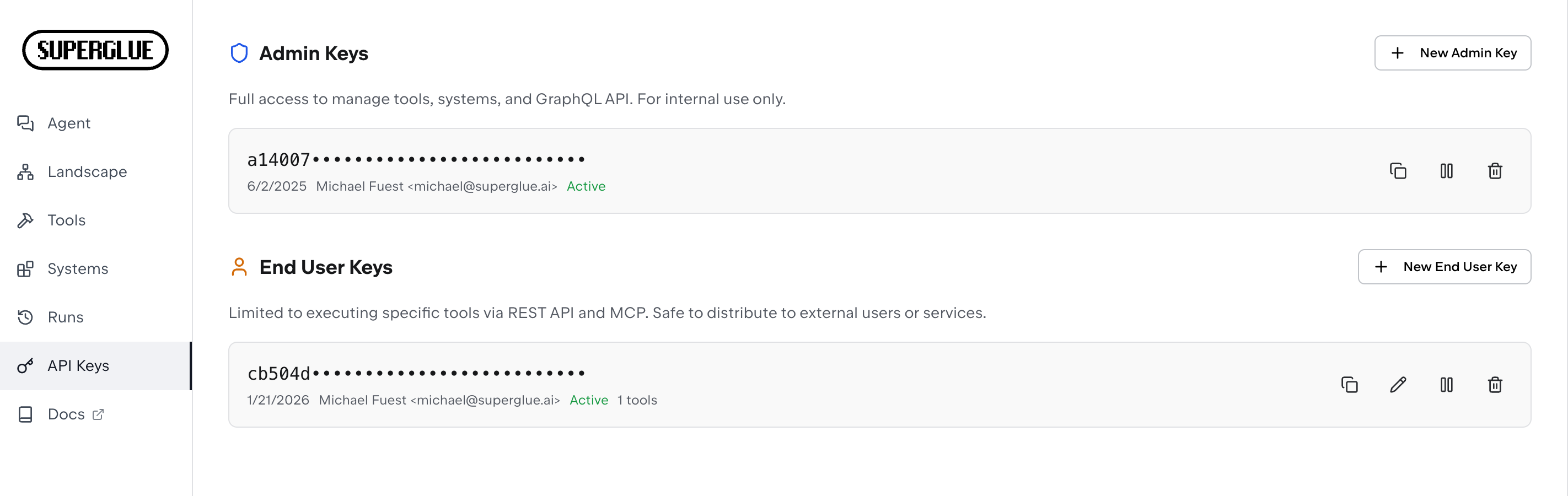 API keys management page